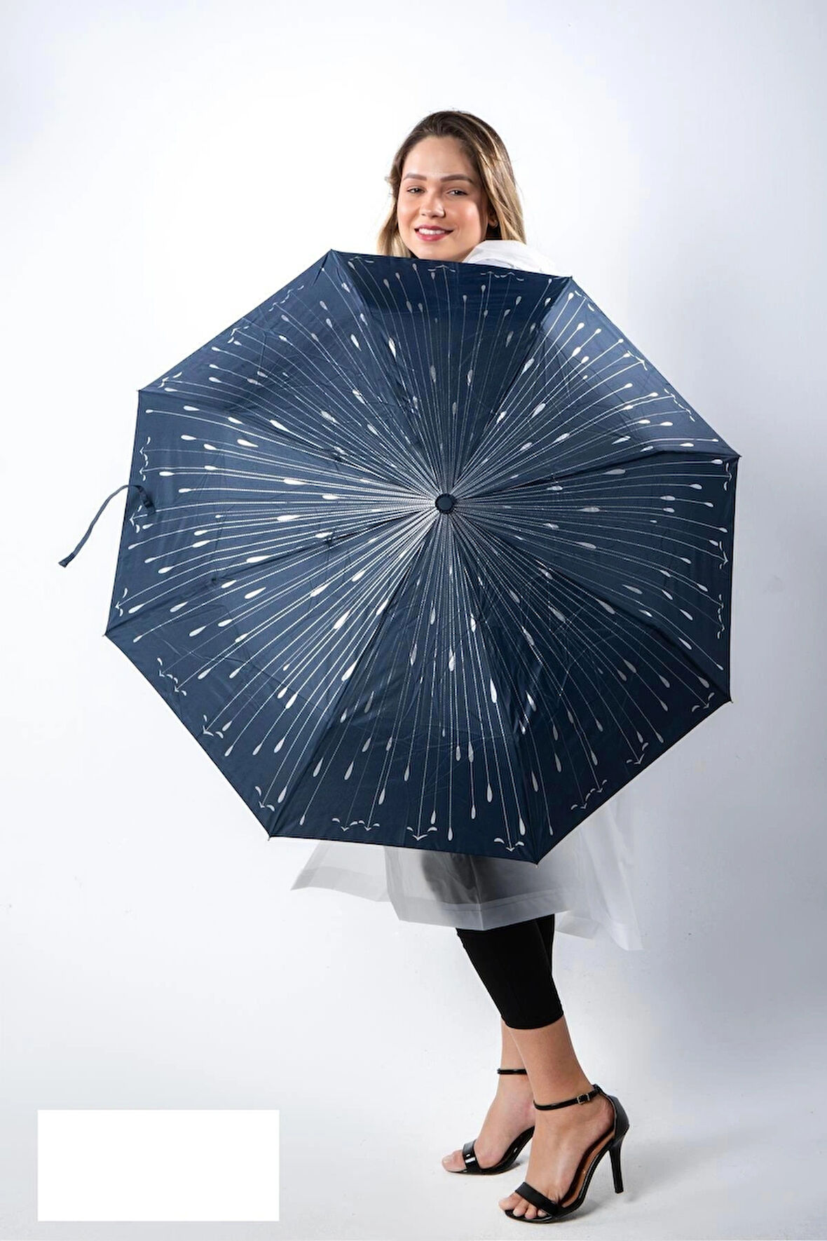 Lacivert Damla Desenli Fiberglass Güçlü Mekanizma Tam Otomatik Kadın Şemsiye