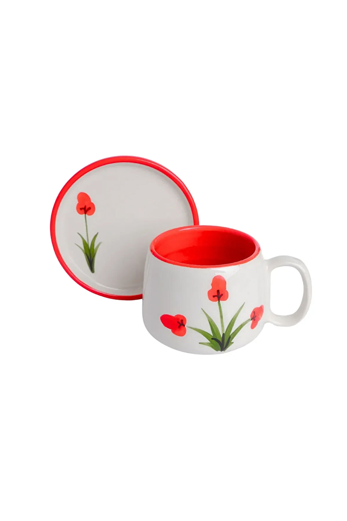 Kırmızı Gelincik Desenli Tabaklı Double Seramik El Yapımı Kupa, Seramik Kupa, Handmade, Kahve Kupası
