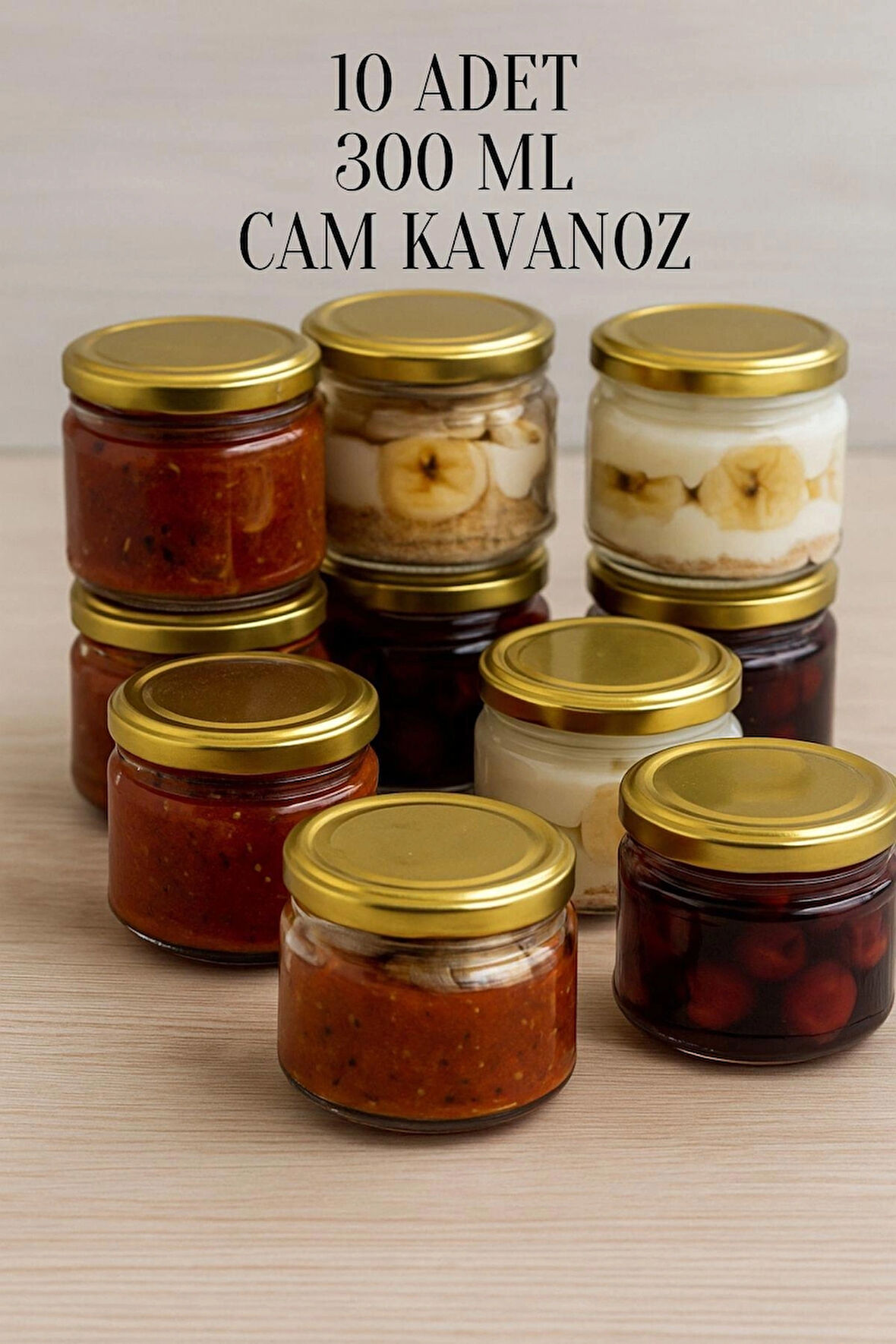 10 Adet 300 ml Metal Gold Altın Konserve Kapaklı Magnolya ve Gıda Saklama 300 cc Şeffaf Cam Kavanoz