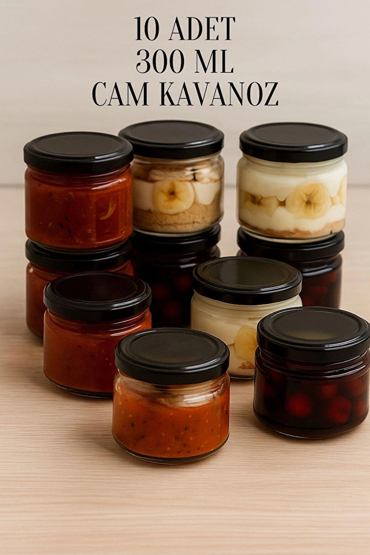 10 Adet 300 ml Metal Siyah Konserve Kapaklı Magnolya ve Gıda Saklama 300 cc Şeffaf Cam Kavanoz