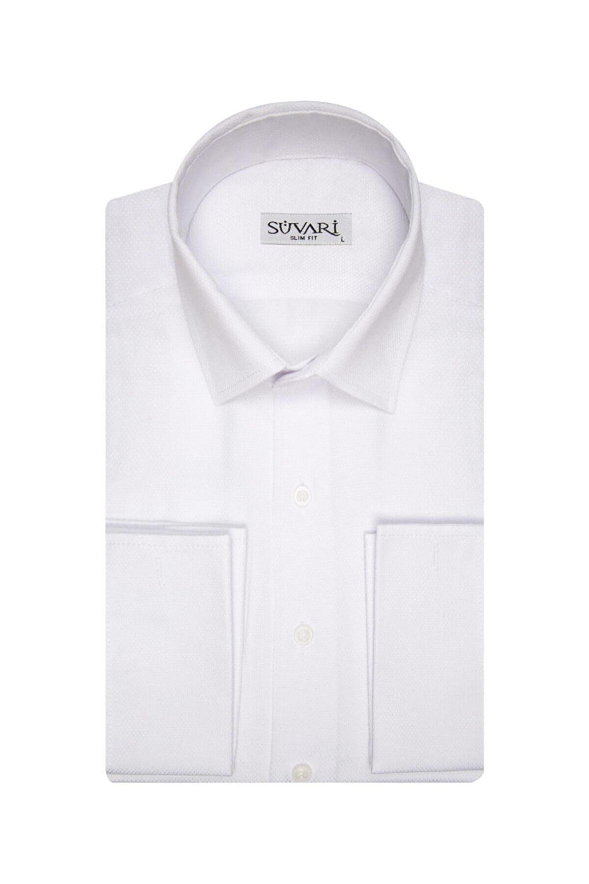 Süvari Erkek Beyaz Slim Fit Armür Desenli Manşetli Gömlek