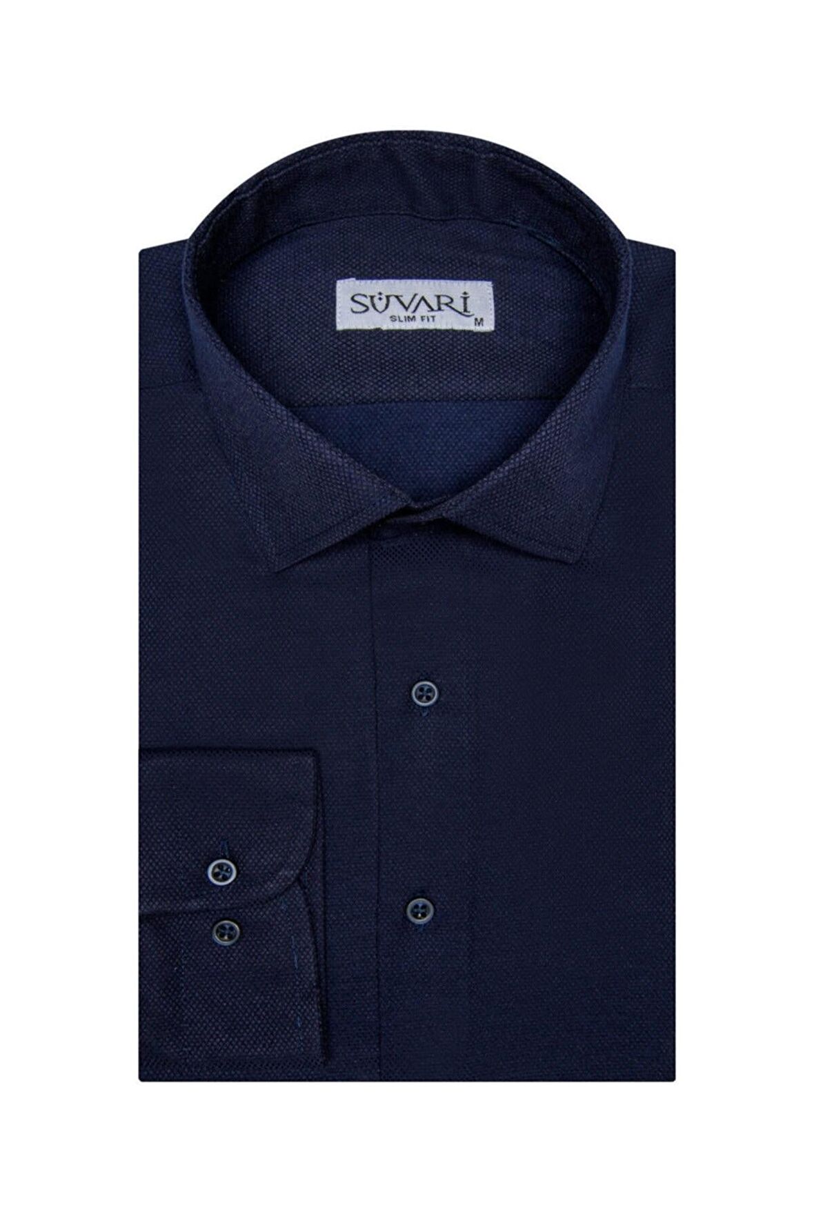 Süvari Slim Fit Armür Desenli Lacivert Erkek Gömlek