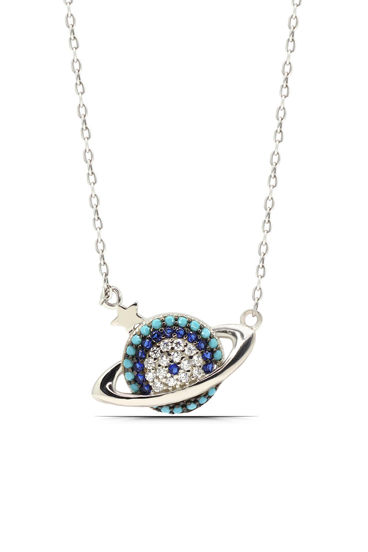 Kadın Nazar İşlemeli Satürn Gezegen 925 Ayar Gümüş Kolye