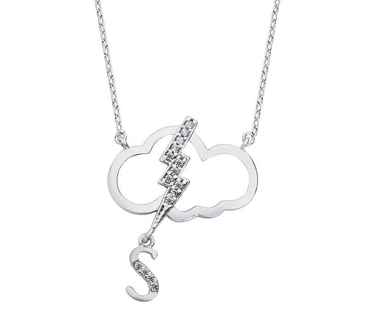 Harfli Bulut Şimşek Gümüş Beyaz Kolye  GMS1775