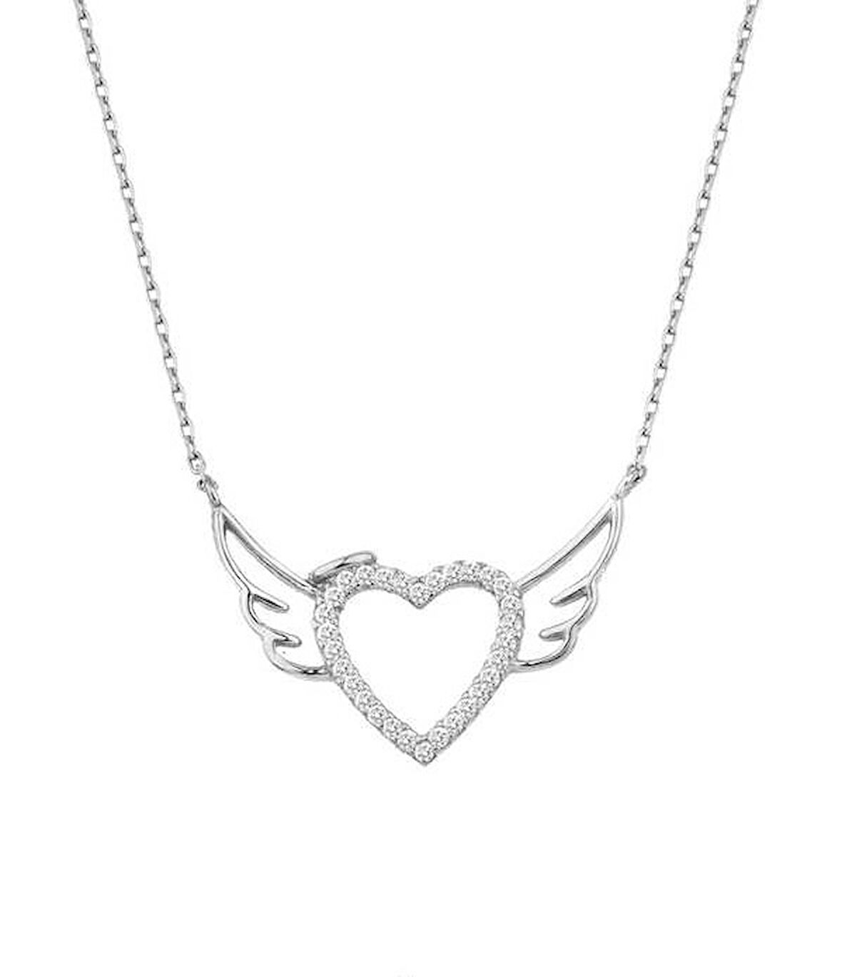 Melek Kanadı Kalpli Gümüş Beyaz Kolye GMS1852