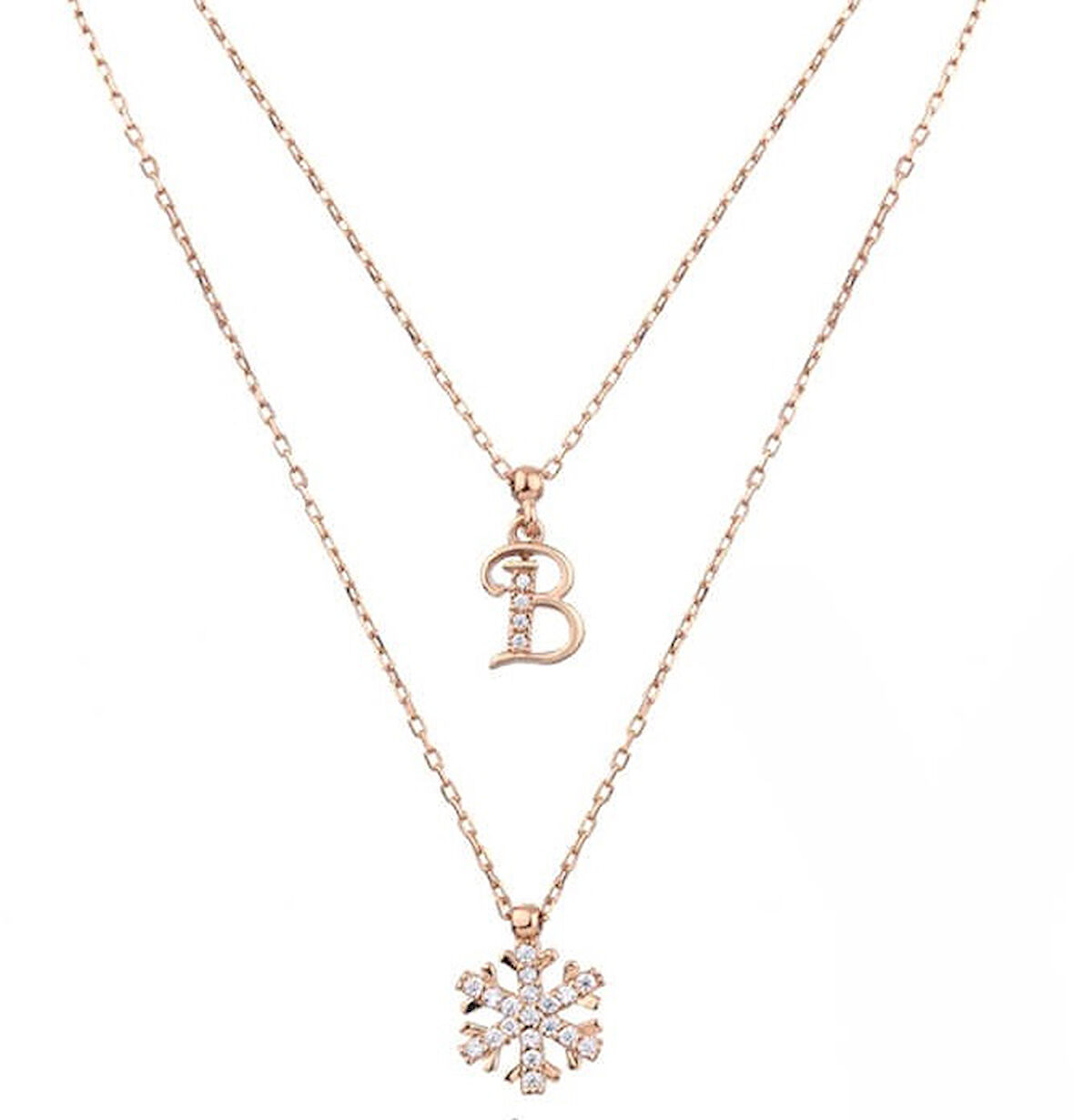 Harem Altın Harfli Kar Tanesi Çift Zincirli Gümüş Rose Kolye GMS1870