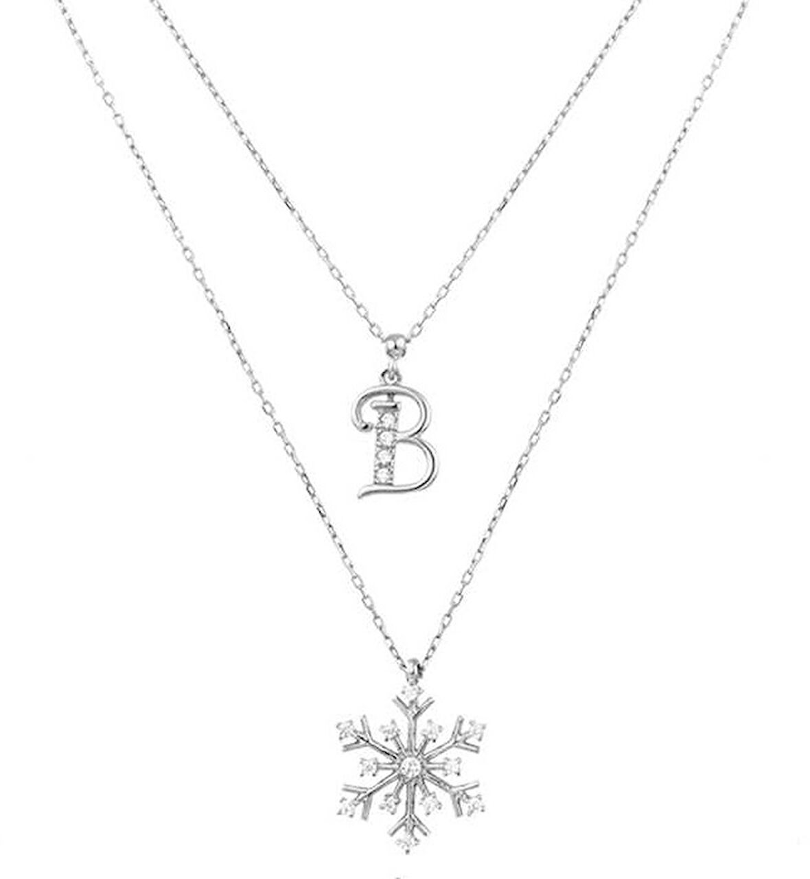 Kar Tanesi Harfli Çift Zincirli Gümüş Beyaz Kolye GMS1872