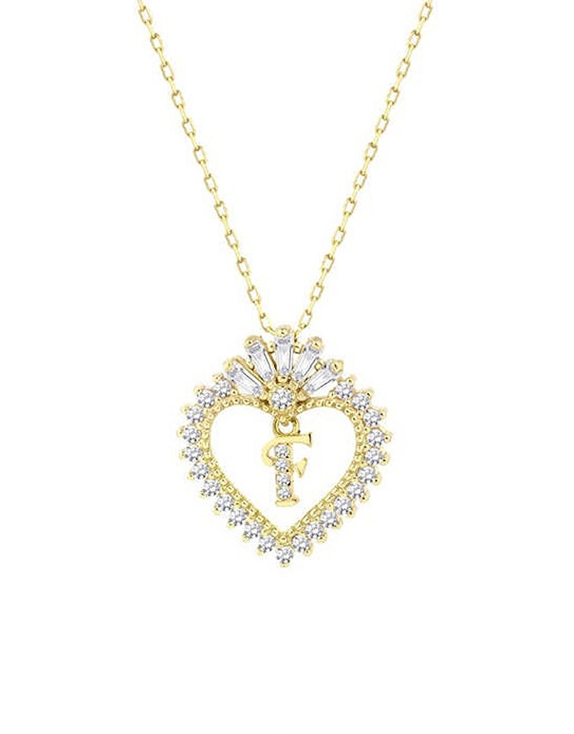 Baget Taşlı Kalpli Harfli Gümüş Sarı Kolye GMS1910