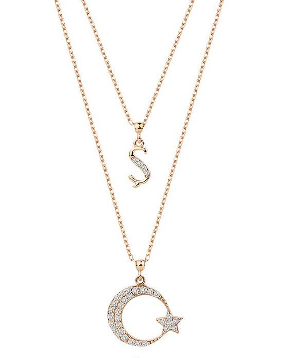 Çift Zincirli Harfli Ay Yıldız Gümüş Rose Kolye GMS1912