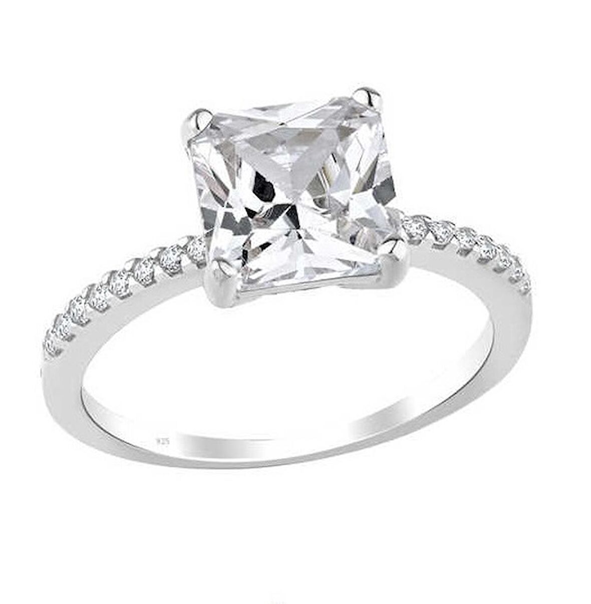 Zemin Taşlı Prenses Kesim Tek Taş Gümüş Beyaz Yüzük GMS1975