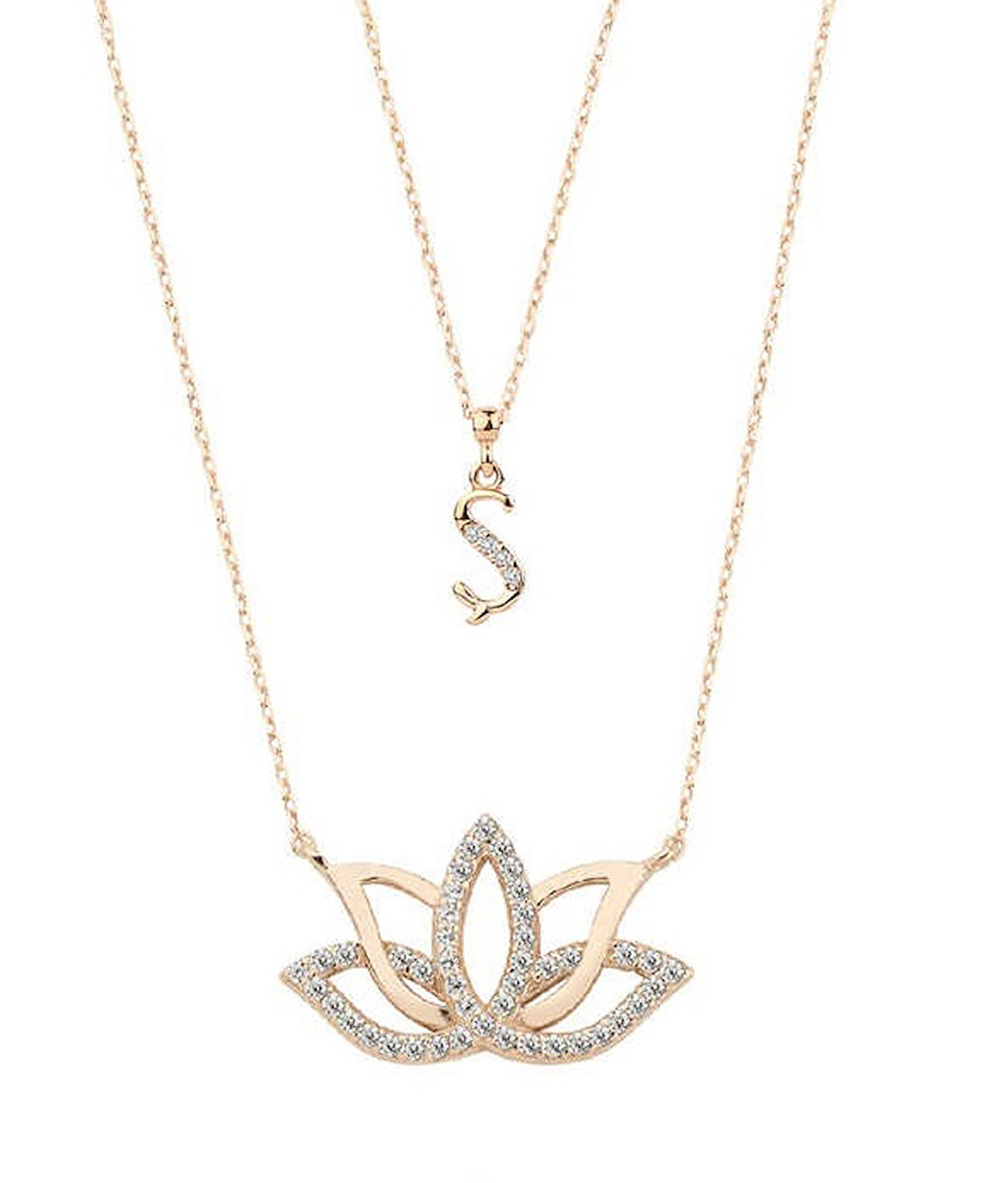 Harfli Lotus Çiçeği Rose Renk Gümüş Kolye GMS2055