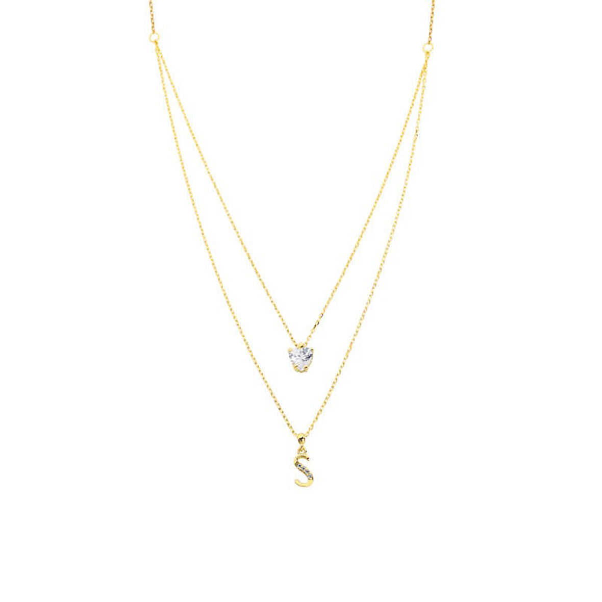 Harem Altın Kalpli Taşlı Çift Zincir Harfli Gümüş Kolye GMS999