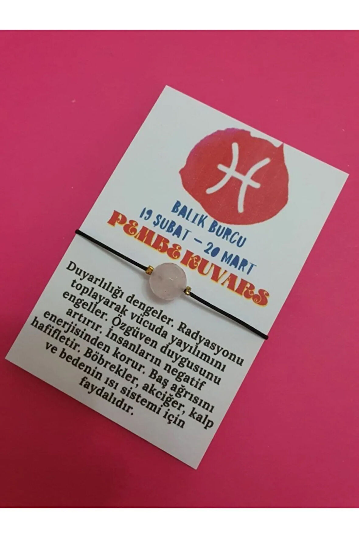 Sertifikalı Balık Burcu Pembe Kuvars Doğal Taş Ip Burç Bilekliği