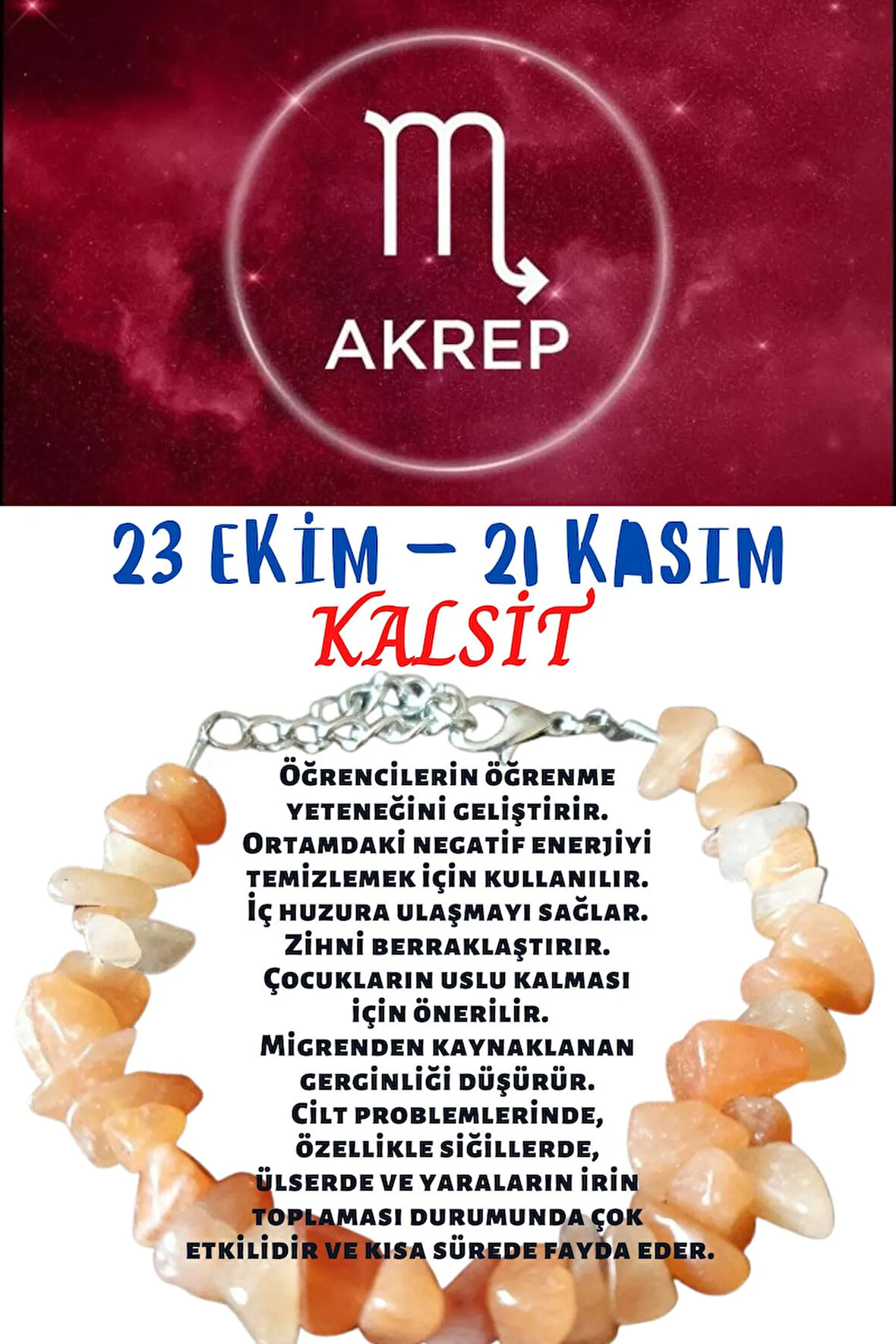 Sertifikalı Burç Taşı Akrep Burcu Kalsit Taşı Bileklik