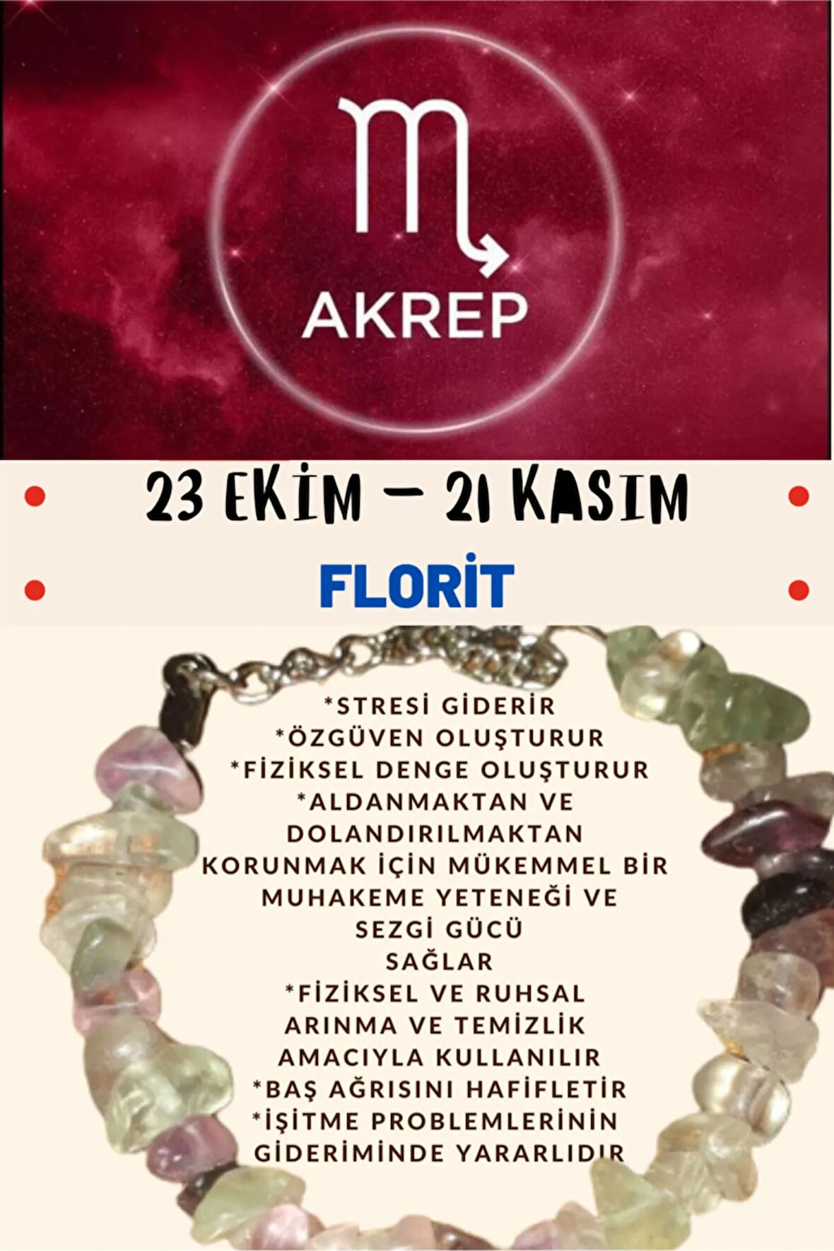 Sertifikalı Burç Taşı Akrep Burcu Florit Taşı Bileklik