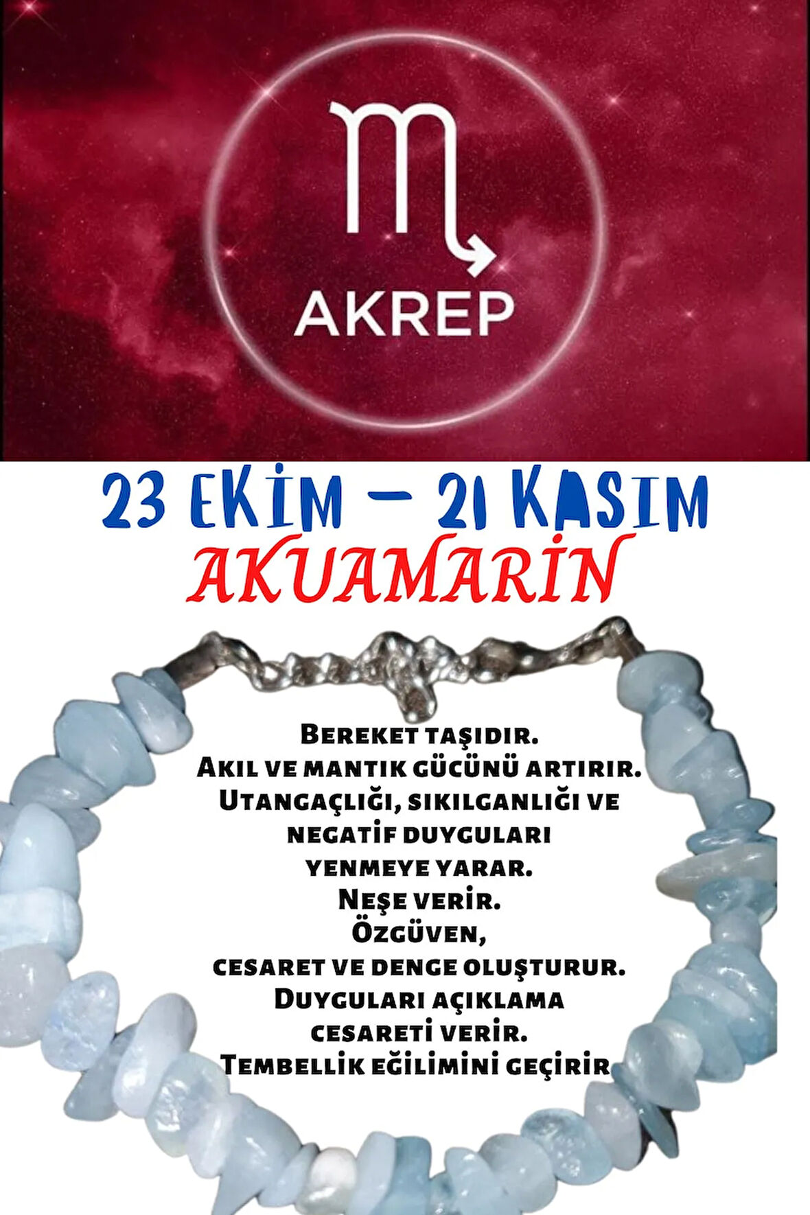 Sertifikalı Burç Taşı Akrep Burcu Akuamarin Taşı Bileklik