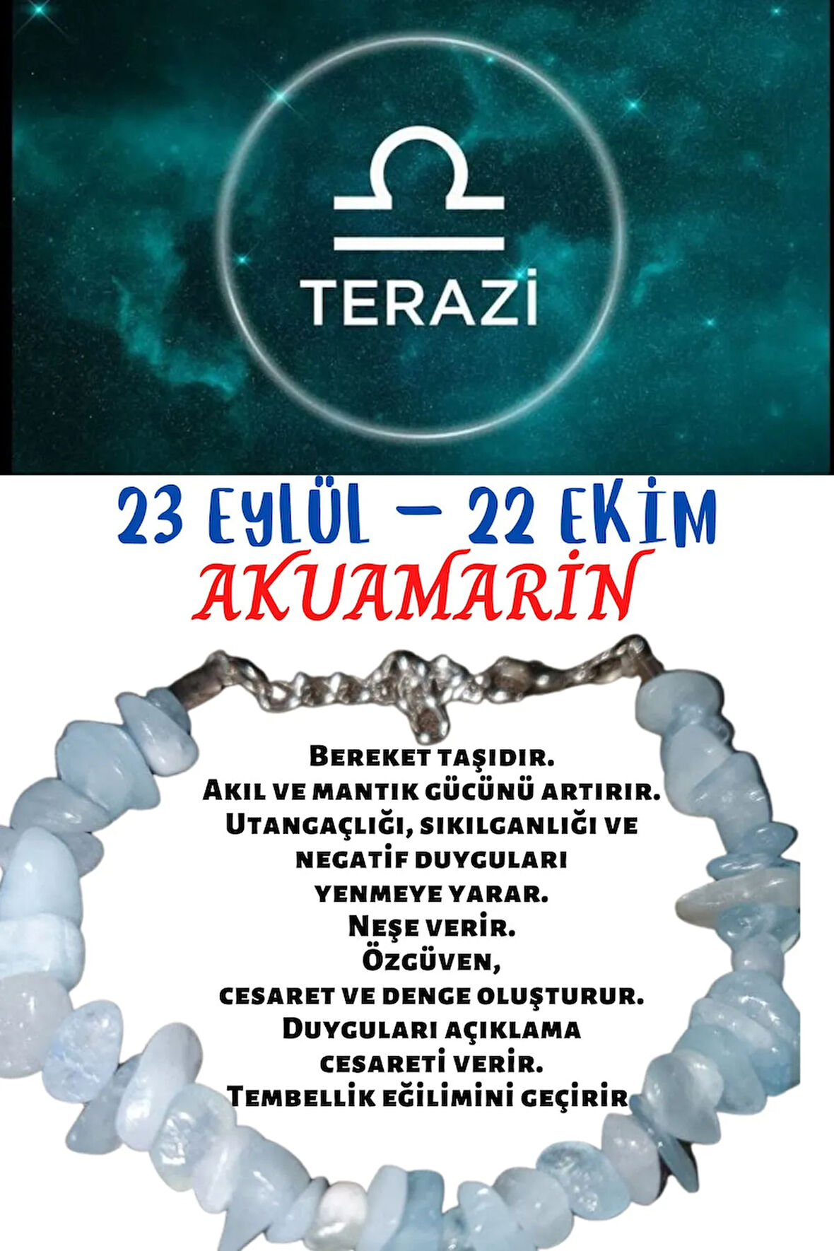 Sertifikalı Burç Taşı Terazi Burcu Akuamarin Taşı Bileklik