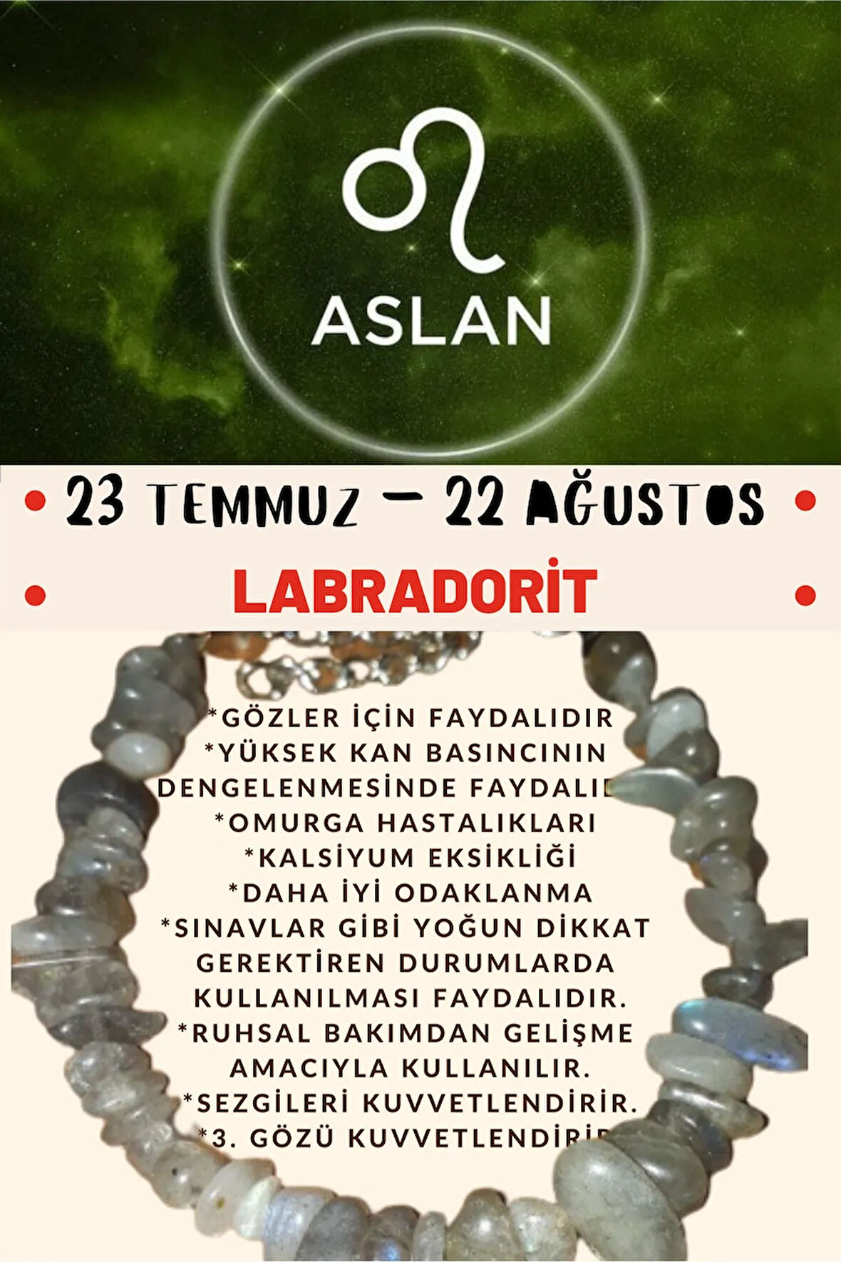 Sertifikalı Burç Taşı Aslan Burcu Labradorit Taşı Bileklik