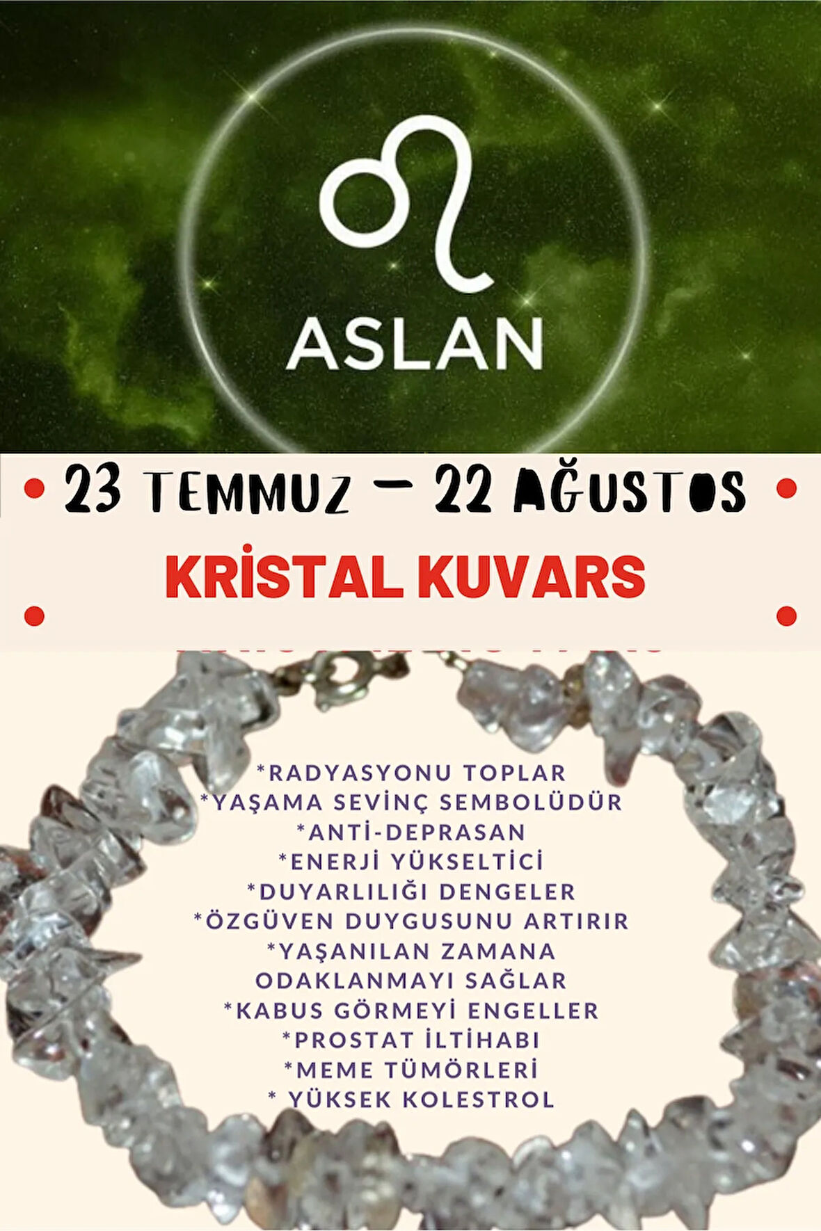 Sertifikalı Burç Taşı Aslan Burcu Kristal Kuvars Taşı Bileklik