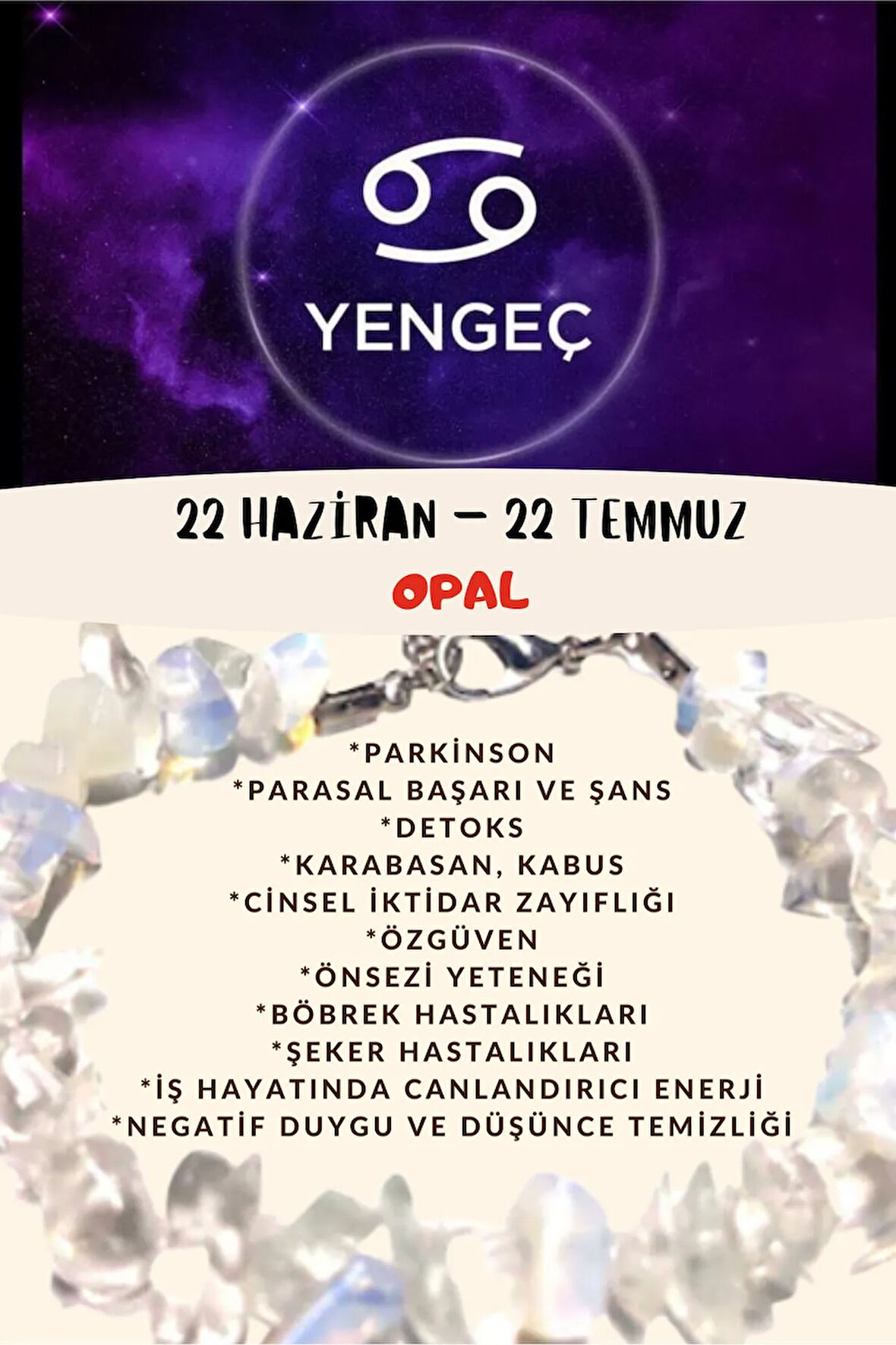 Sertifikalı Burç Taşı Yengeç Burcu Opal Taşı Bileklik