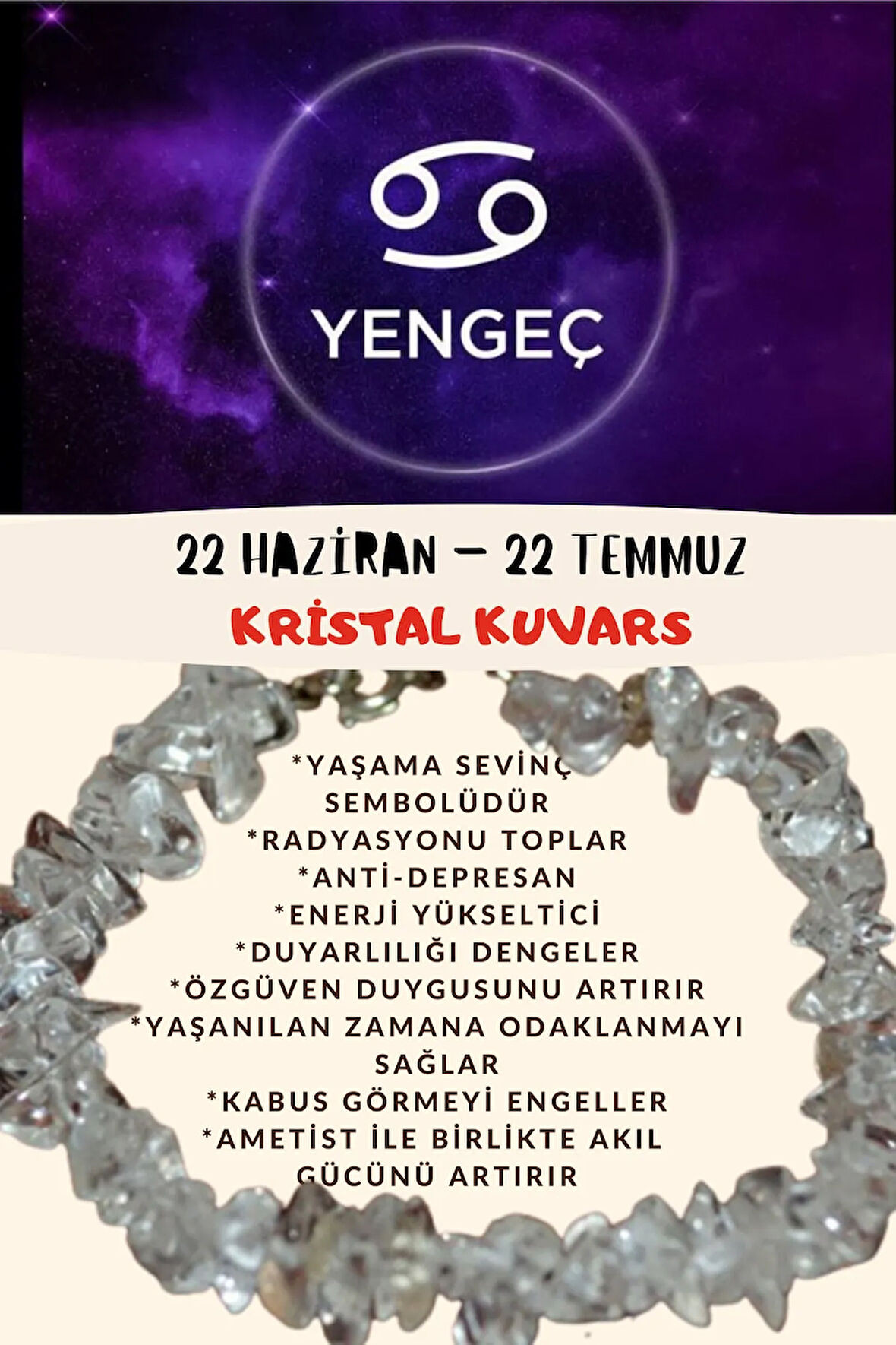 Sertifikalı Burç Taşı Yengeç Burcu Kristal Kuvars Taşı Bileklik