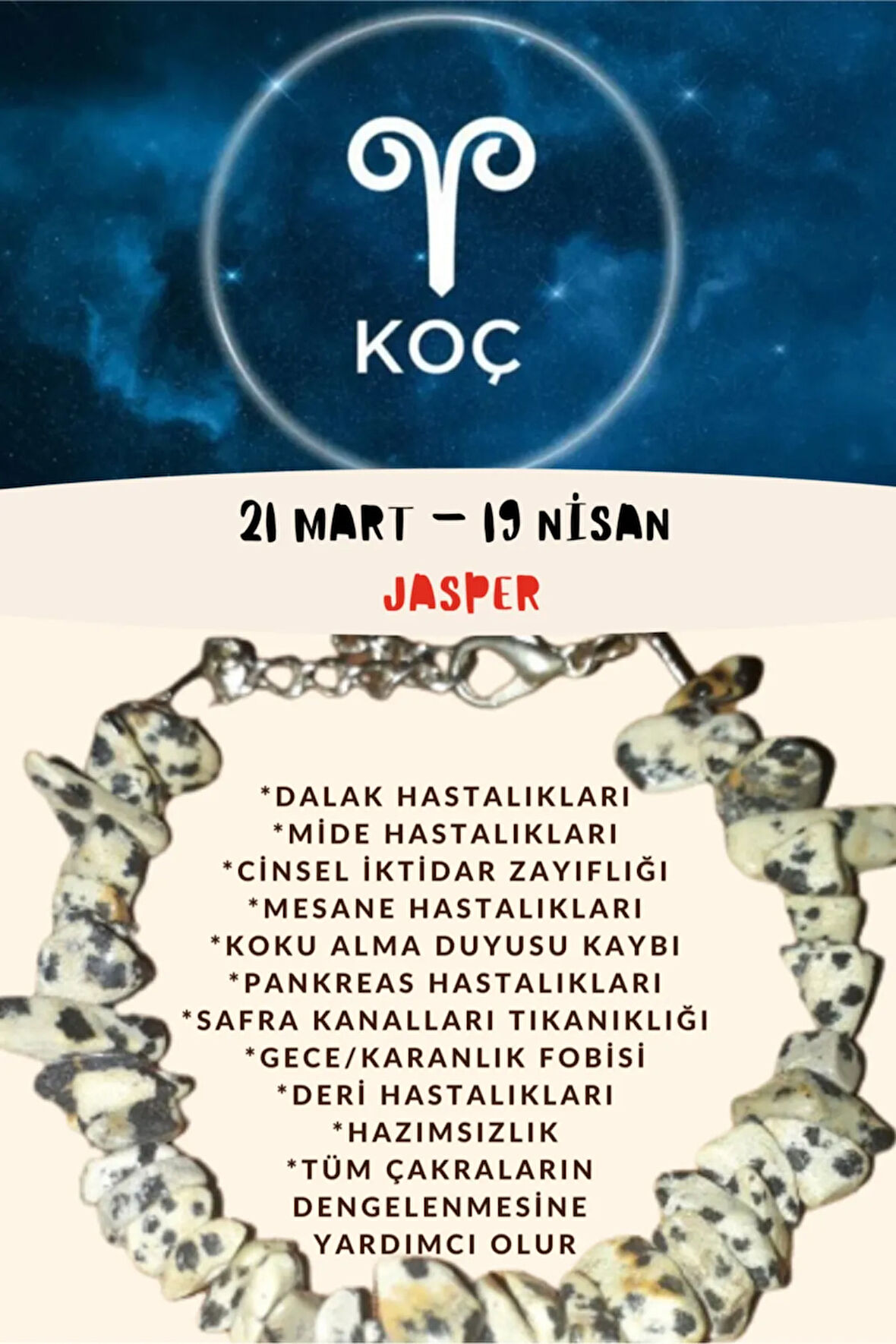 Sertifikalı Burç Taşı Koç Burcu Jasper Taşı Bileklik