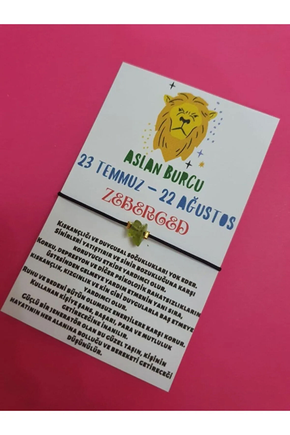 Sertifikalı Aslan Burcu Zeberced Doğal Taşlı Ip Burç Bilekliği