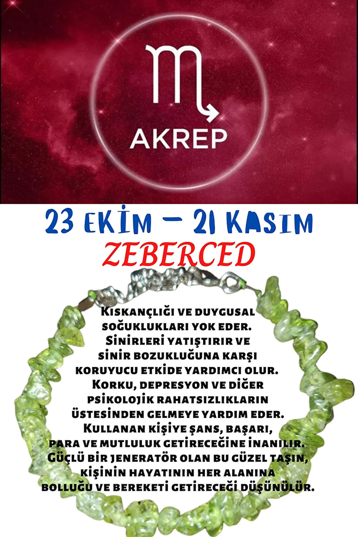 Sertifikalı Burç Taşı Akrep Burcu Zeberced Taşı Bileklik