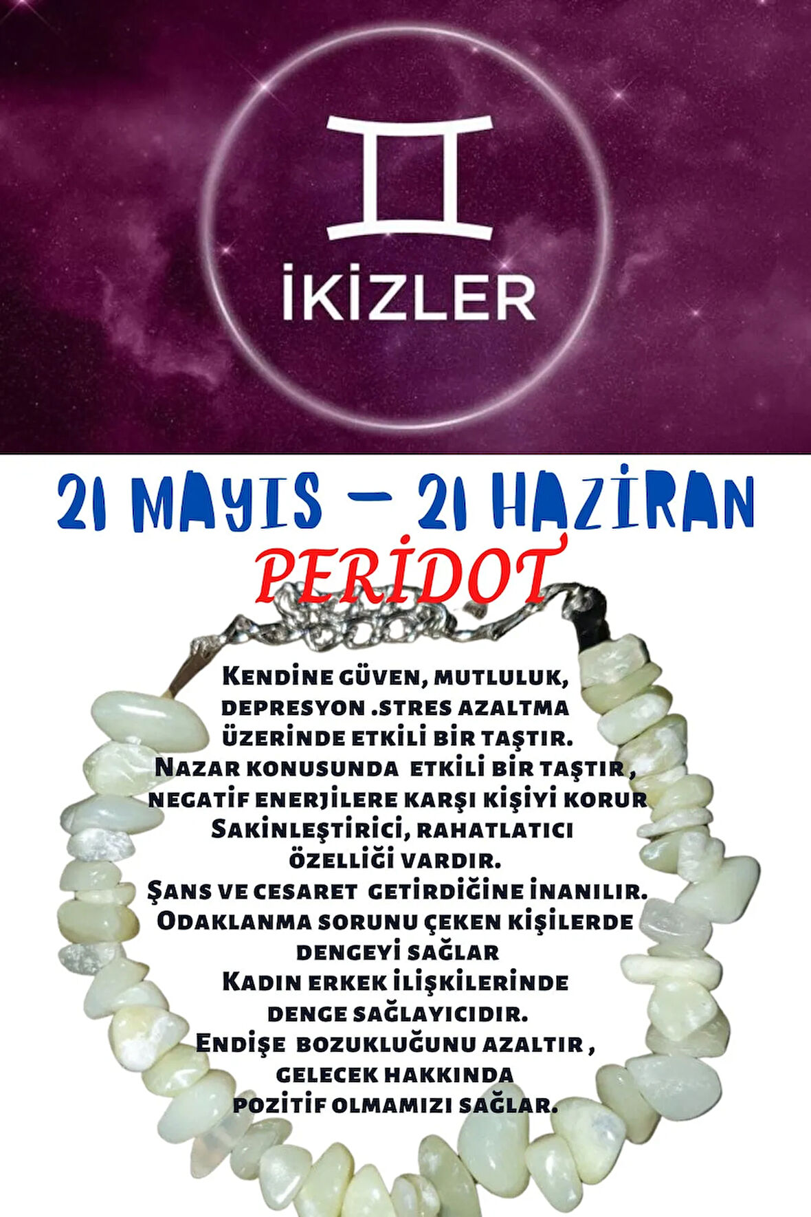 Sertifikalı Burç Taşı Ikizler Burcu Peridot Taşı Bileklik