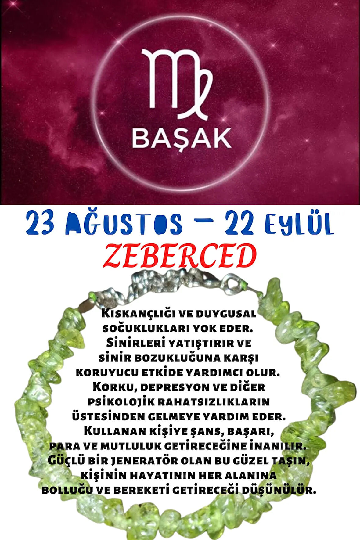 Sertifikalı Burç Taşı Başak Burcu Zeberced Taşı Bileklik