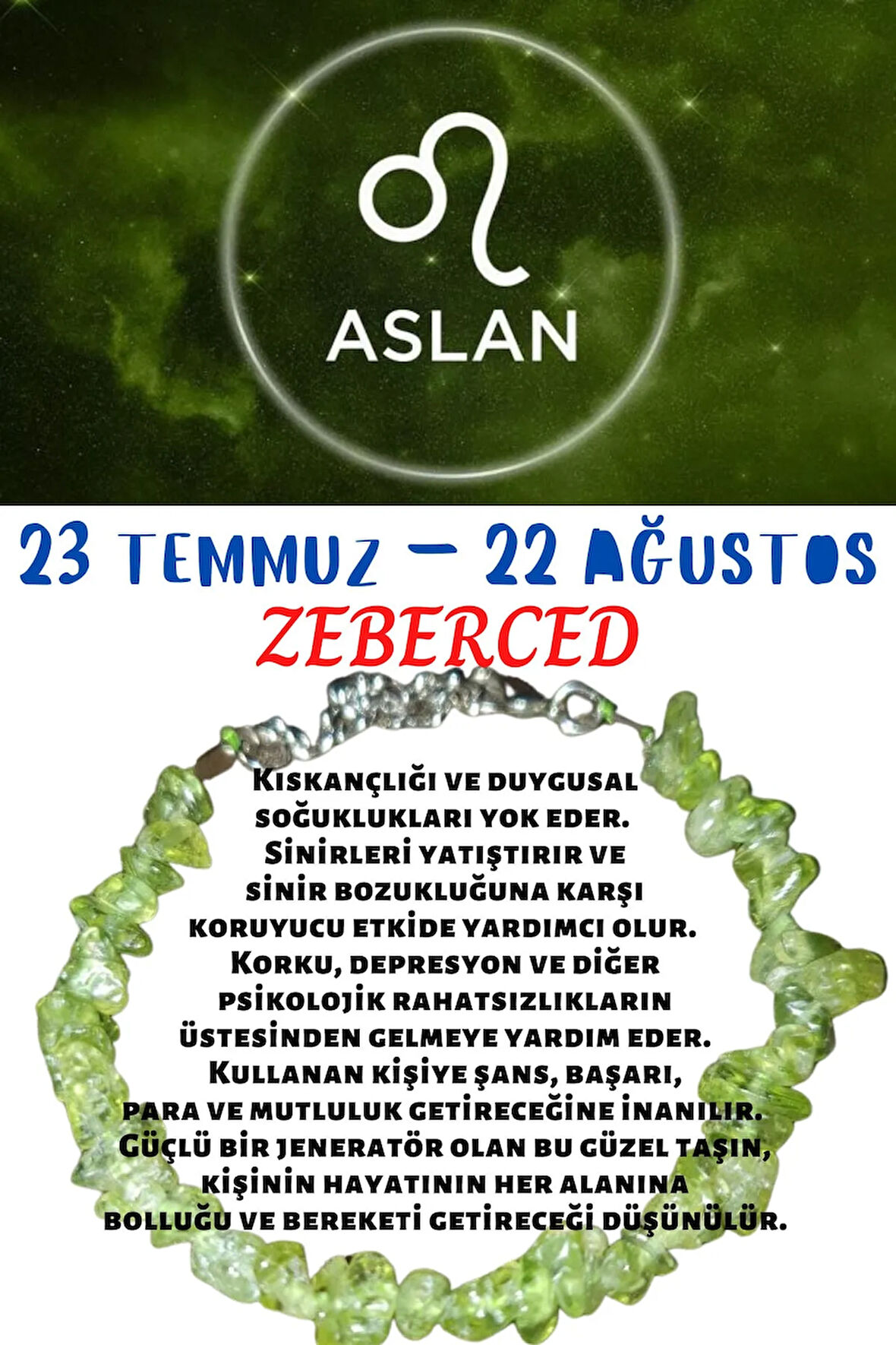 Sertifikalı Burç Taşı Aslan Burcu Zeberced Taşı Bileklik