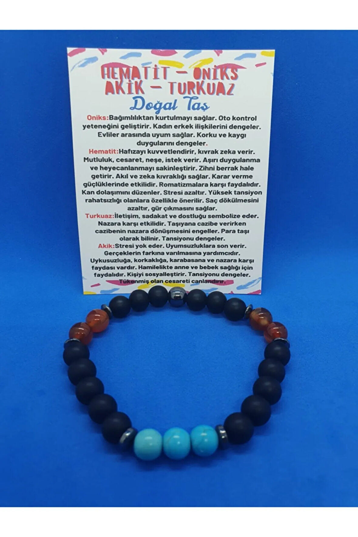 Sertifikalı Hematit Oniks Akik Turkuaz Taşı Tasarım Bileklik