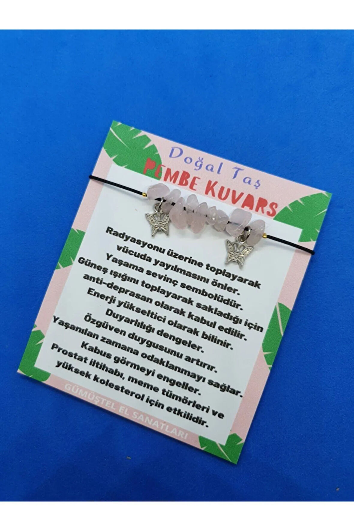 Sertifikalı Pembe Kuvars Doğal Taş Bileklik Kelebek Detaylı Orijinal Doğal Taş