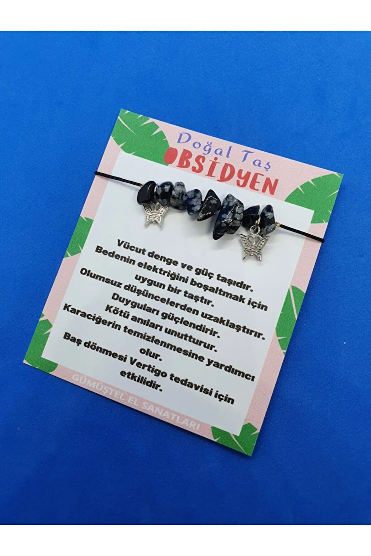 Sertifikalı Kelebek Detaylı Orijinal Doğal Taş Obsidyen Bileklik