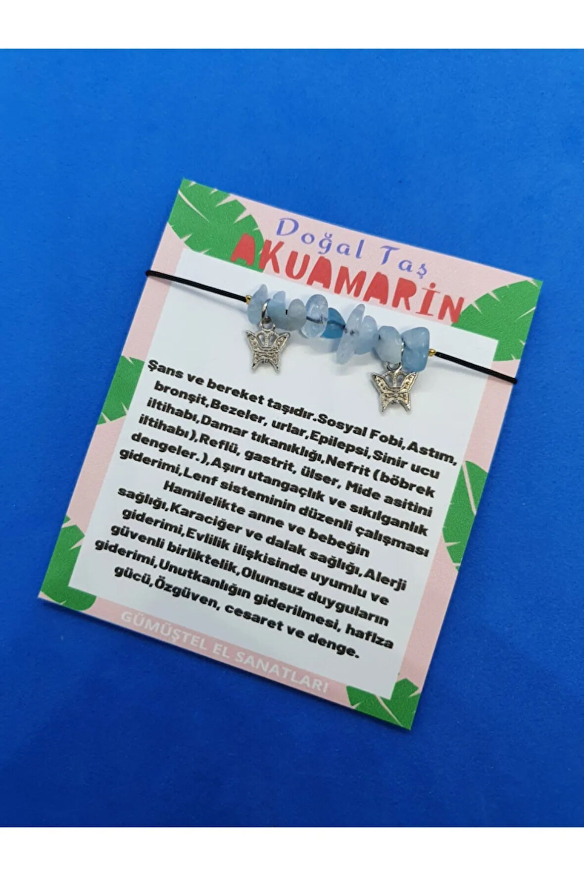 Sertifikalı Akuamarin Doğal Taş Bileklik Kelebek Detaylı Orijinal Doğal Taş