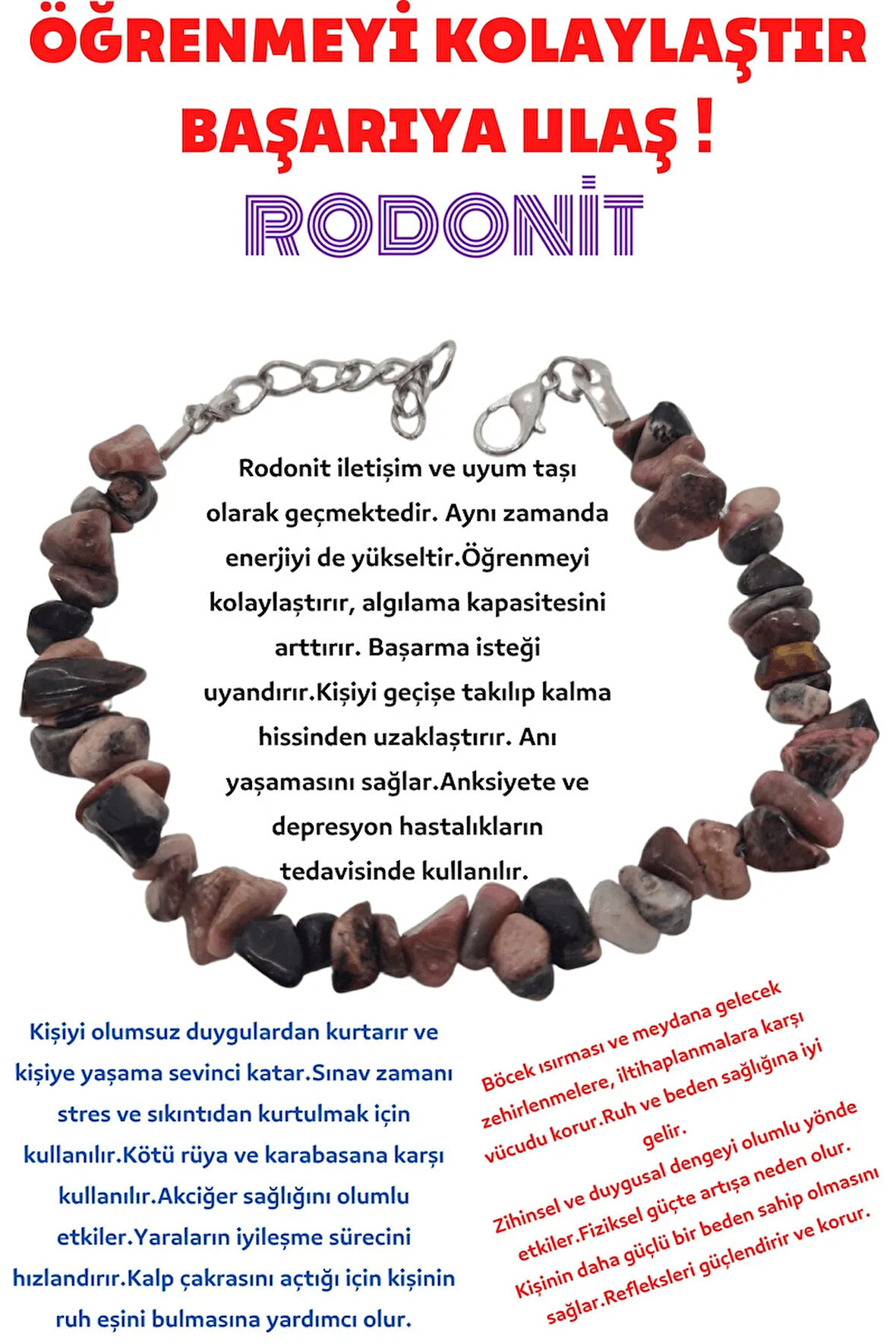 Sertifikalı Doğal Taş Rodonit Doğal Taş Bileklik