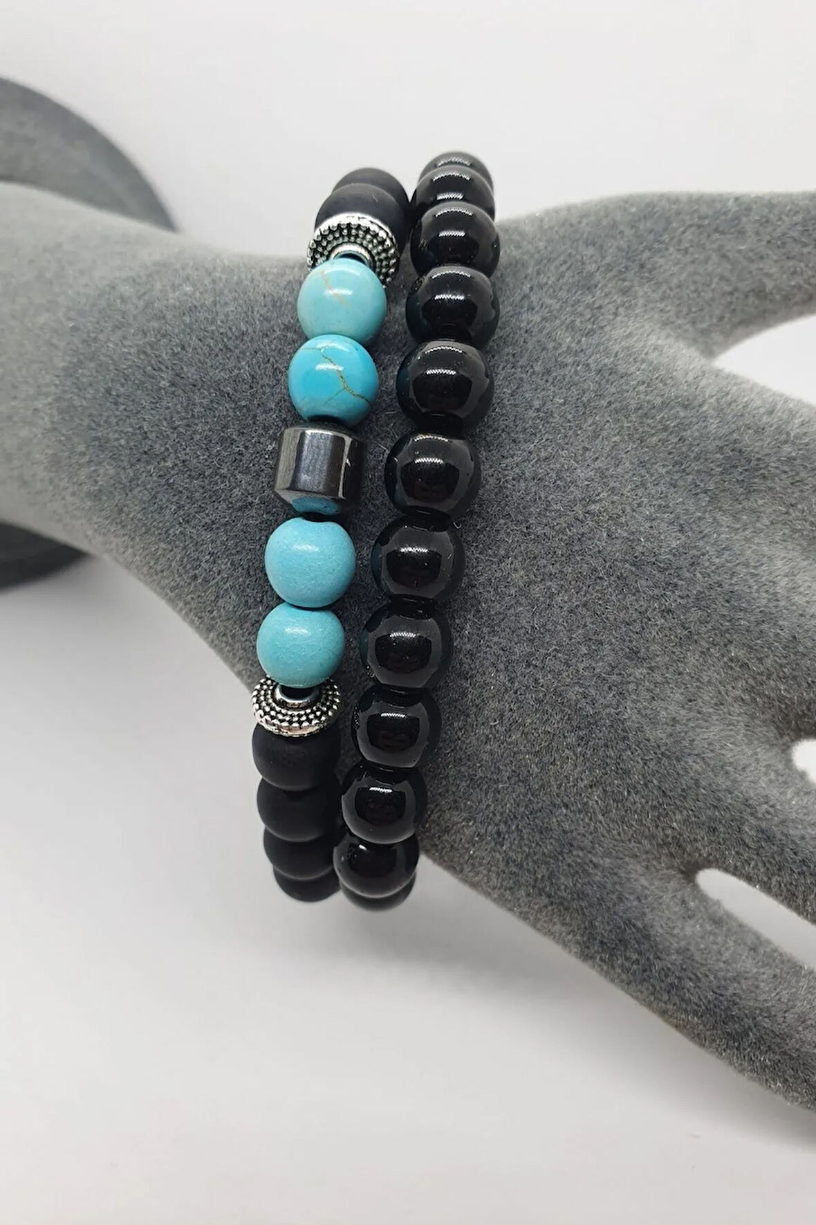 Sertifikalı Doğal Taş Kombin Bileklik Turkuaz Hematit Oniks 2'li