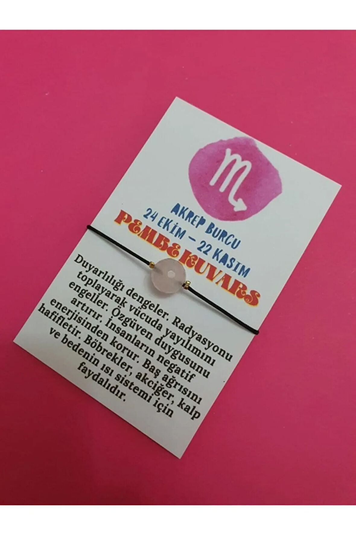 Sertifikalı Akrep Burcu Pembe Kuvars Doğal Taş Ip Burç Bilekliği