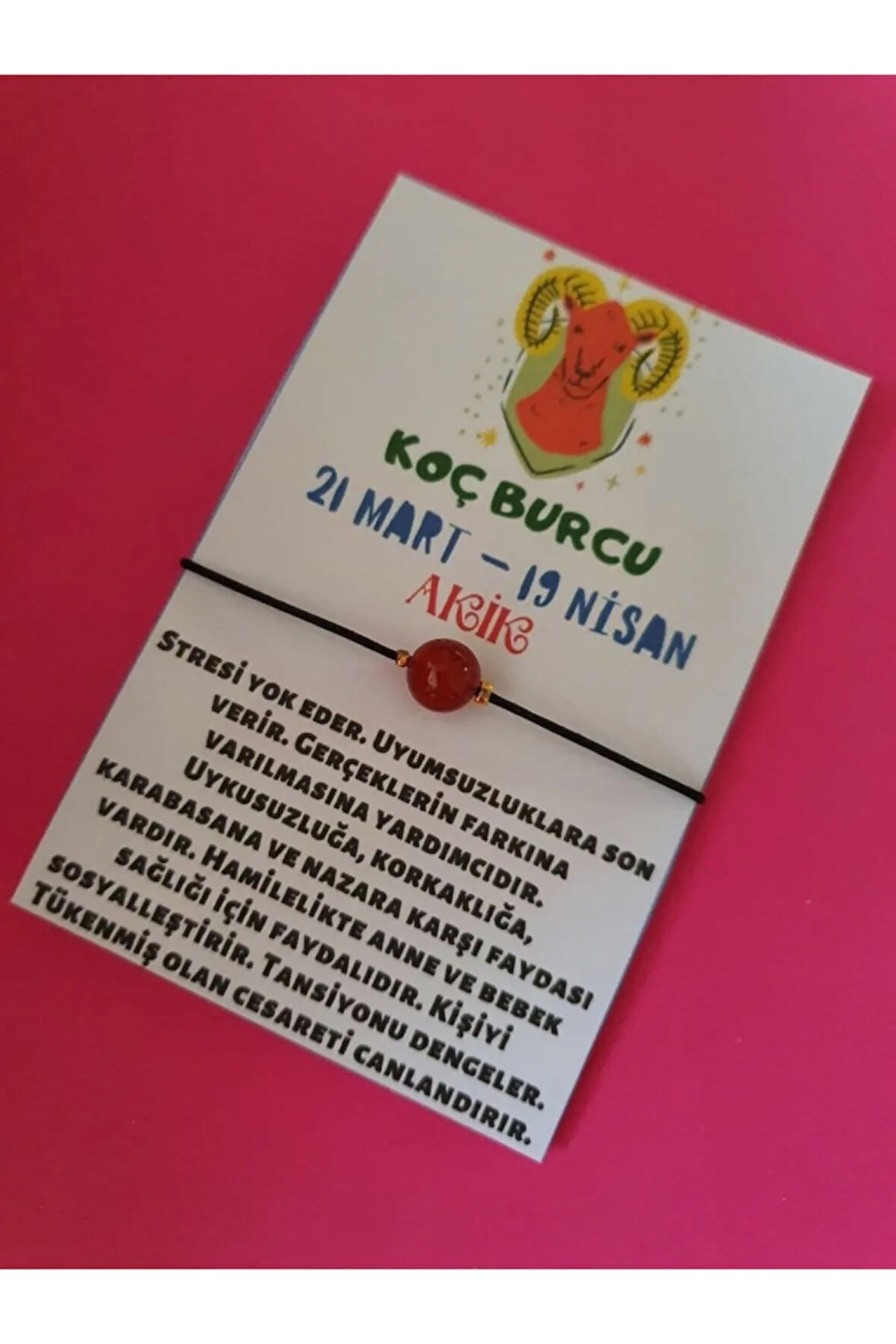 Sertifikalı Koç Burcu Akik Doğal Taşlı Ip Burç Bilekliği