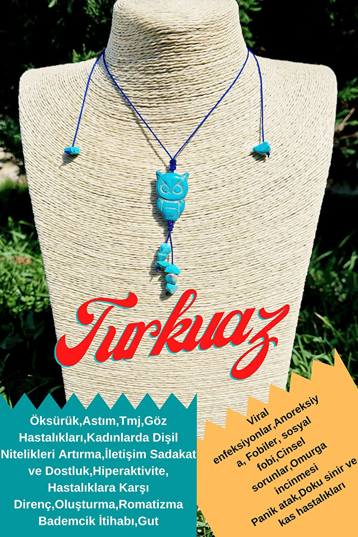 Sertifikalı Turkuaz Doğal Taş Kolye Baykuş Detaylı Tasarım Nazar