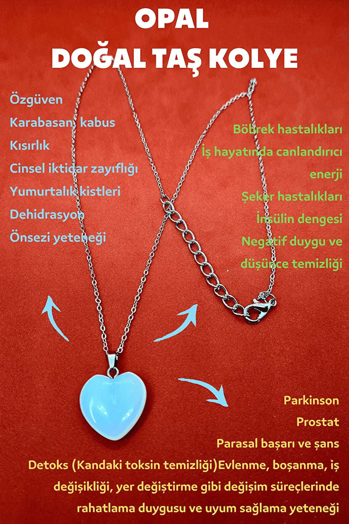 Sertifikalı Doğal Opal Taşı Kalp Kolye Zincir Dahil