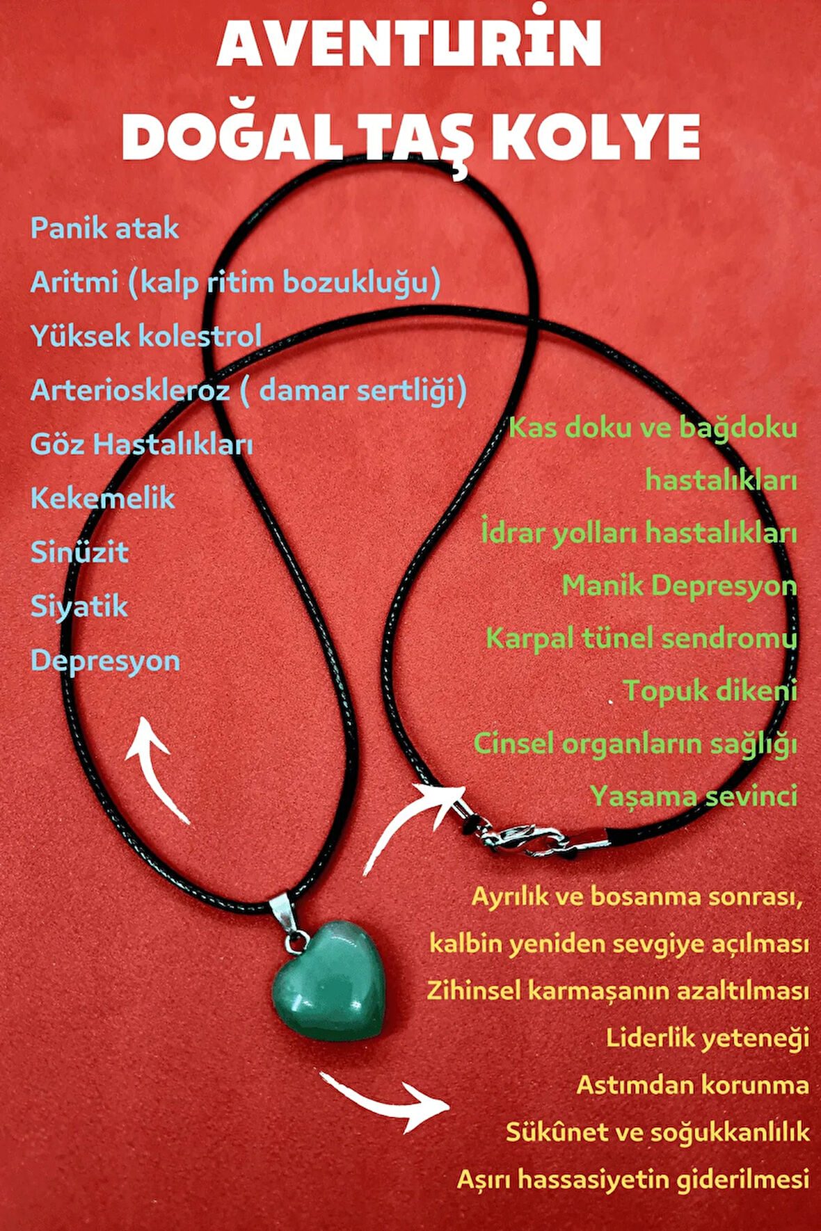 Sertifikalı Doğal Aventurin Taşı Kalp Kolye Zincir Dahil