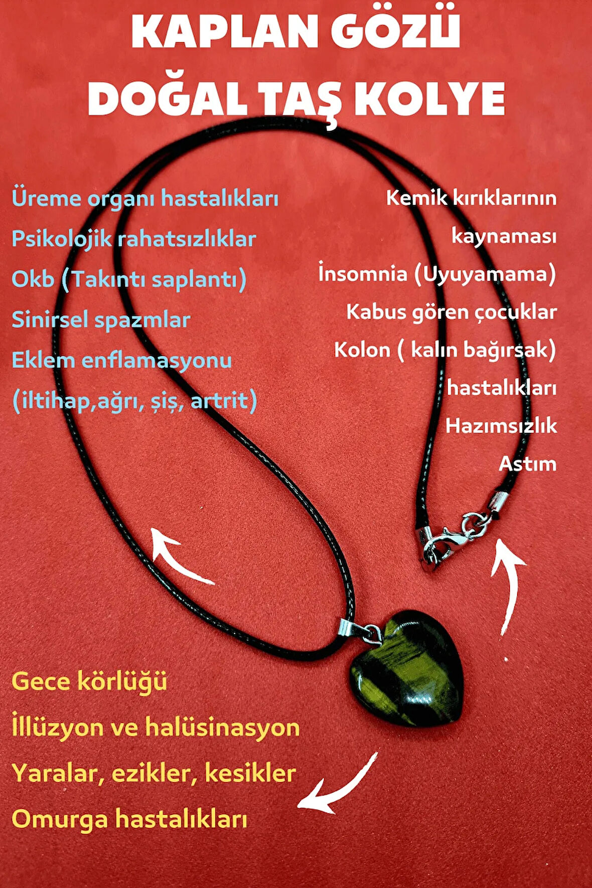 Sertifikalı Doğal Kaplan Gözü Taşı Kalp Kolye Zincir Dahil