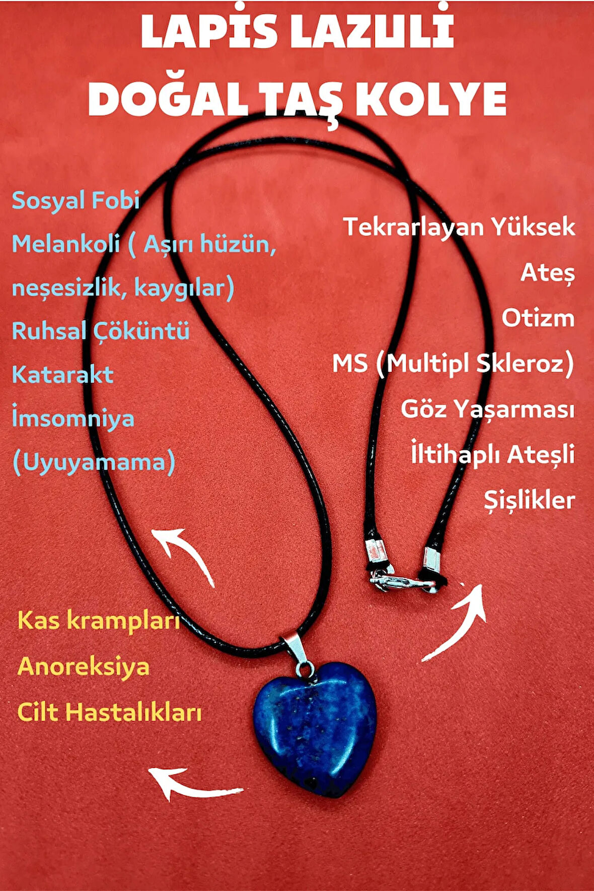 Sertifikalı Doğal Lapis Lazuli Taşı Kalp Kolye Zincir Dahil