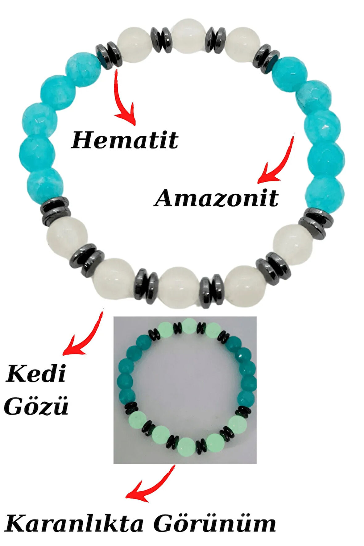 Sertifikalı Amazonit Kedi Gözü Hematit Doğal Taş Bileklik Karanlıkta Işık Saçar
