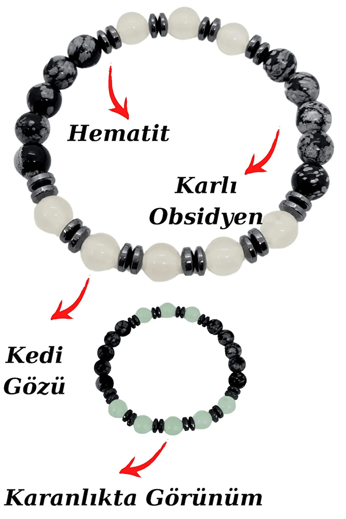 Sertifikalı Karlı Obsidyen Kedi Gözü Hematit Doğal Taş Bileklik Karanlıkta Işık Saçar