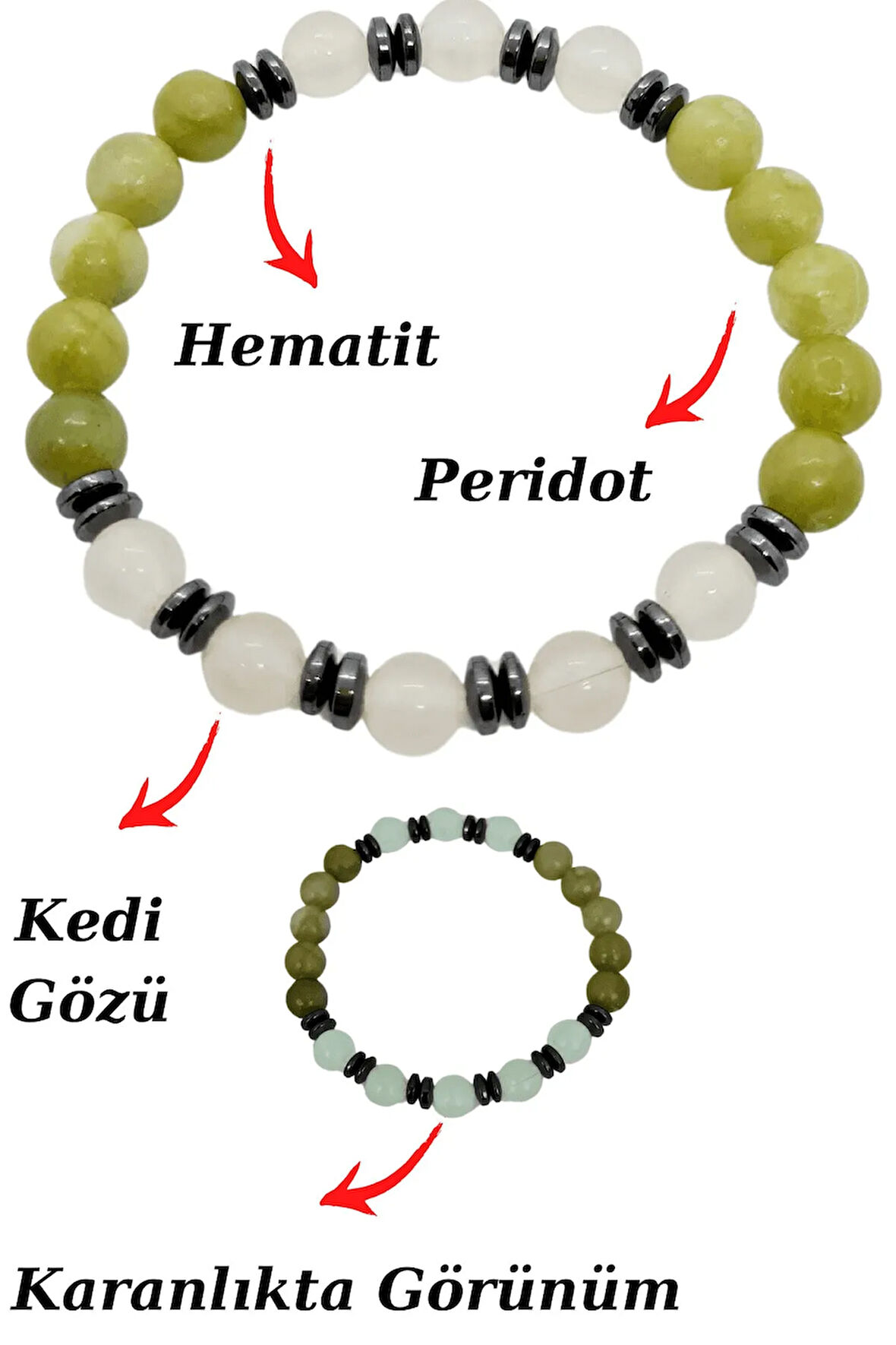 Sertifikalı Peridot Kedi Gözü Hematit Doğal Taş Bileklik Karanlıkta Işık Saçar