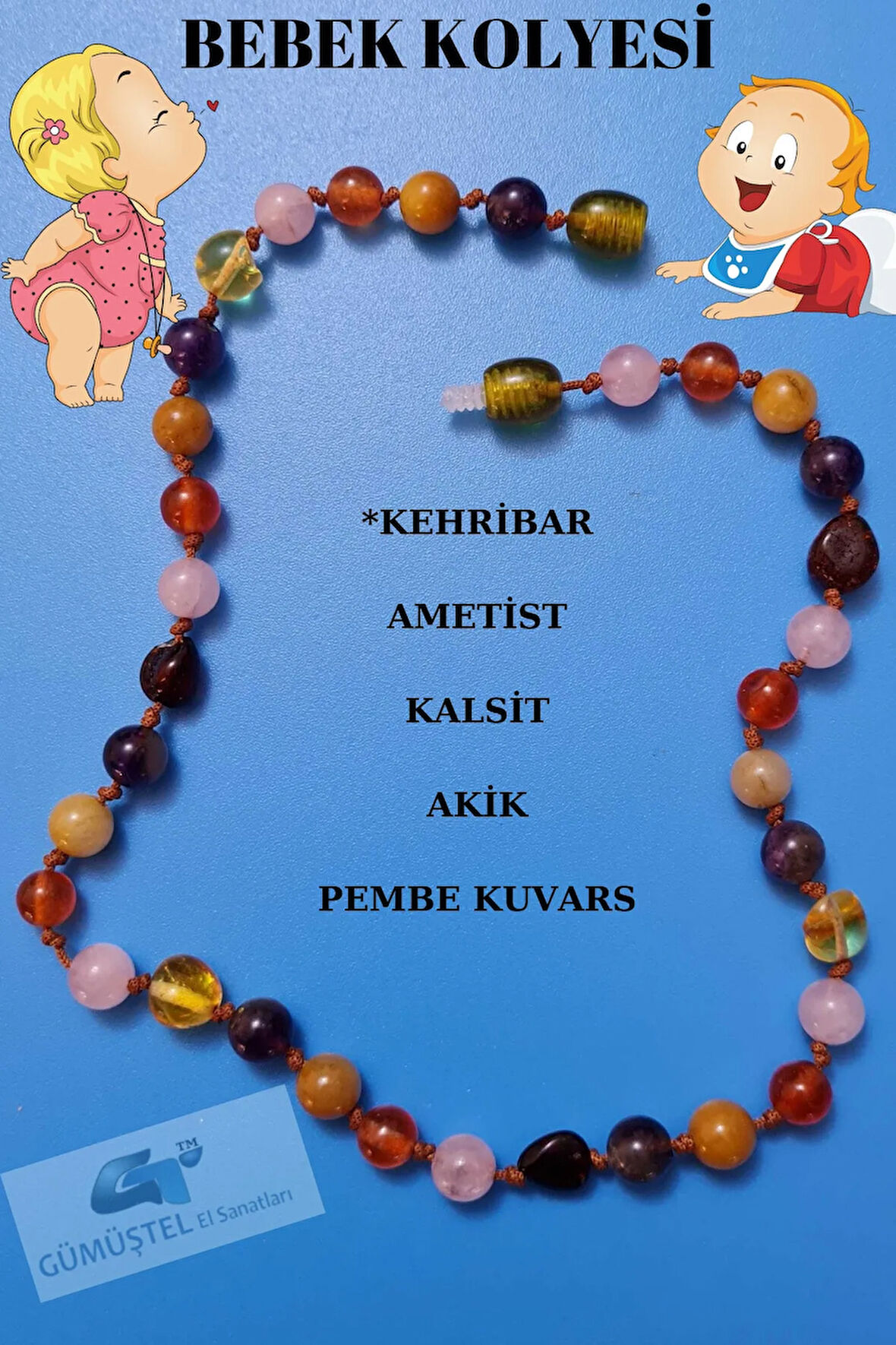 Sertifikalı Doğal Taş Bebek Kolyesi Kehribar, Ametist, Kalsit, Akik, Pembe Kuvars Bebek Kolye
