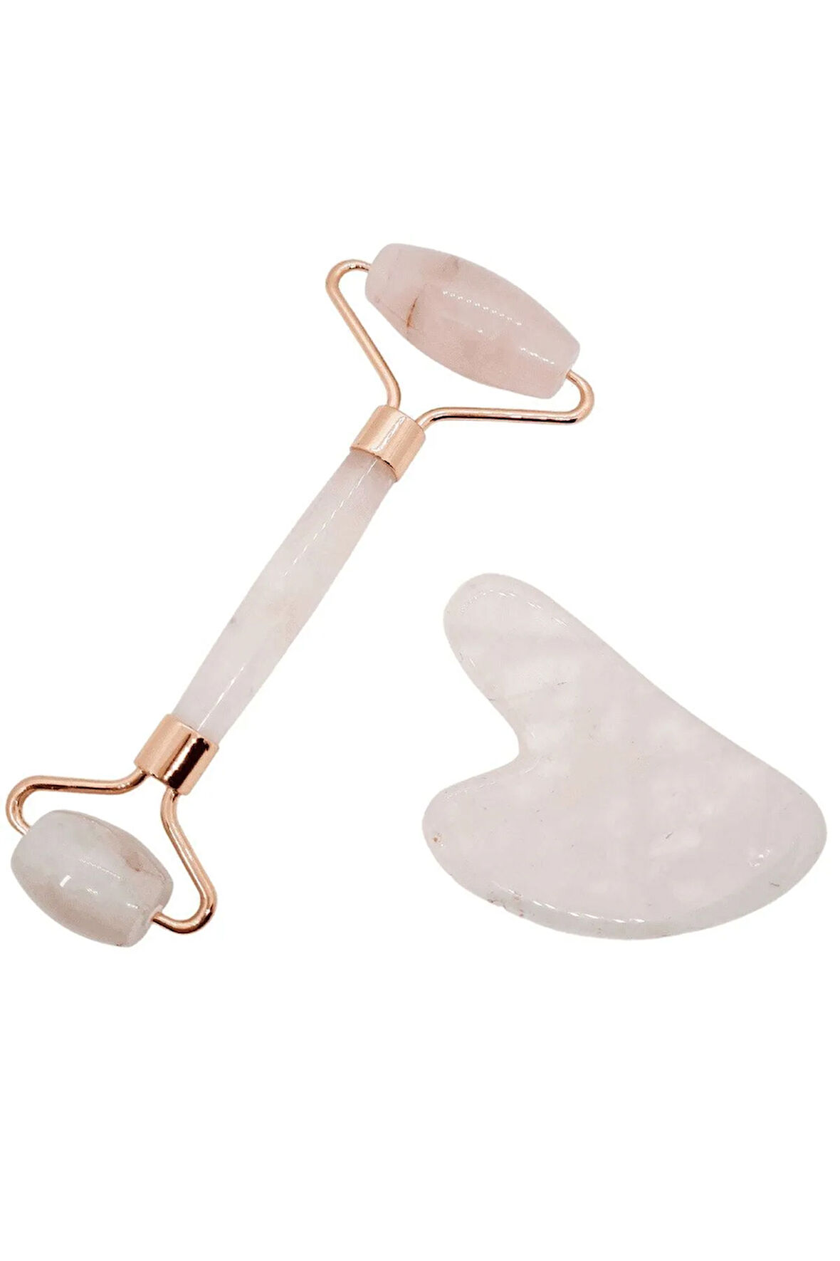 Pembe Kuvars Masaj Taşı Roller Ve Pembe Kuvars Taşı Gua Sha (kalp Tasarımlı) Set