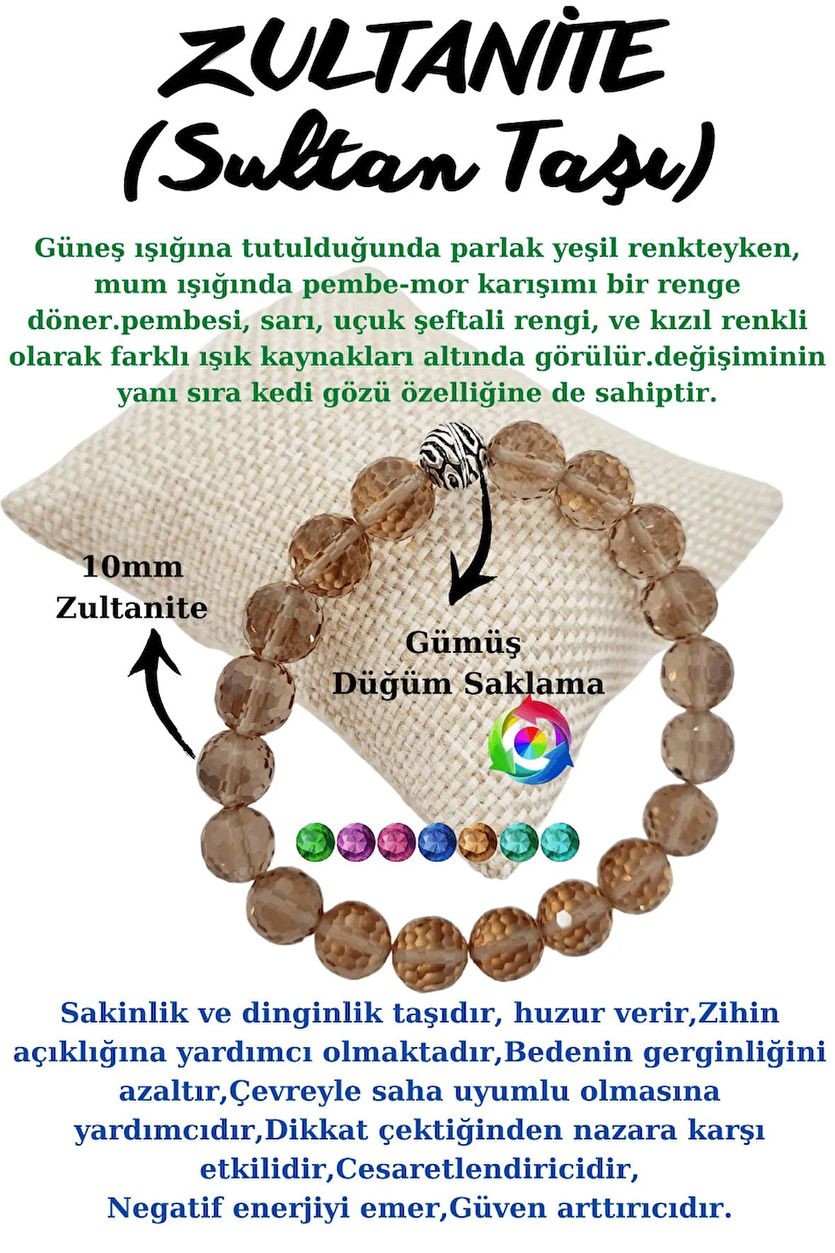 Sertifikalı Zultanit (SULTAN TAŞI) Diyaspor Doğal Taş Renk Değiştiren Bileklik Faset Kesim 10 Mm
